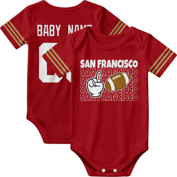 San Francisco personalized football baby bodysuit in Scarlet showing front number one fan design and back custom baby name and number