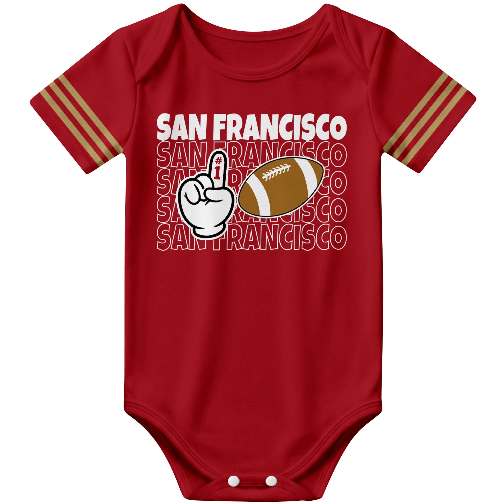 San Francisco Scarlet football baby bodysuit front view with city lettering football and number one fan hand graphic
