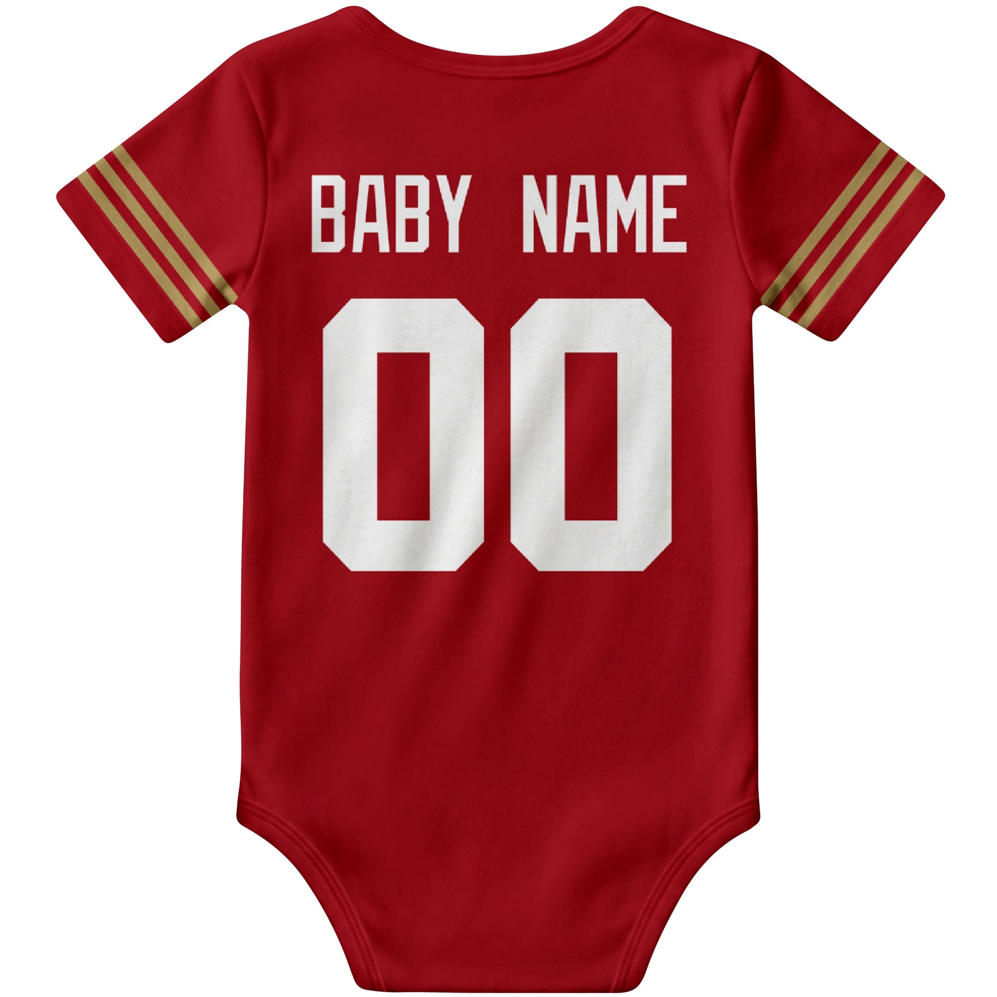 San Francisco Scarlet personalized football baby bodysuit back view with custom baby name and jersey number
