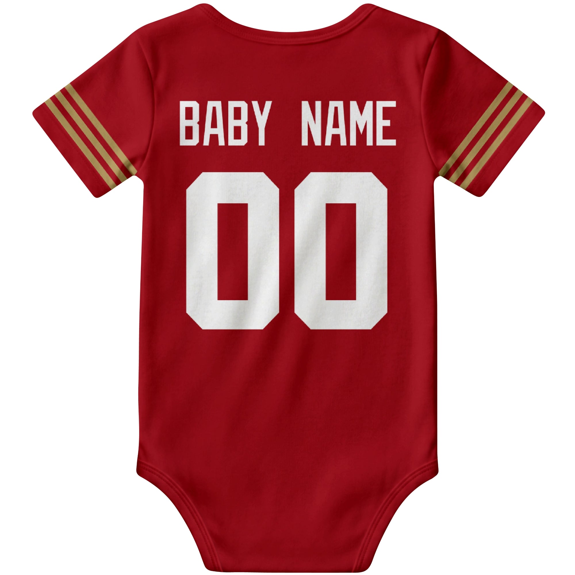 San Francisco Scarlet personalized football baby bodysuit back view with custom baby name and jersey number