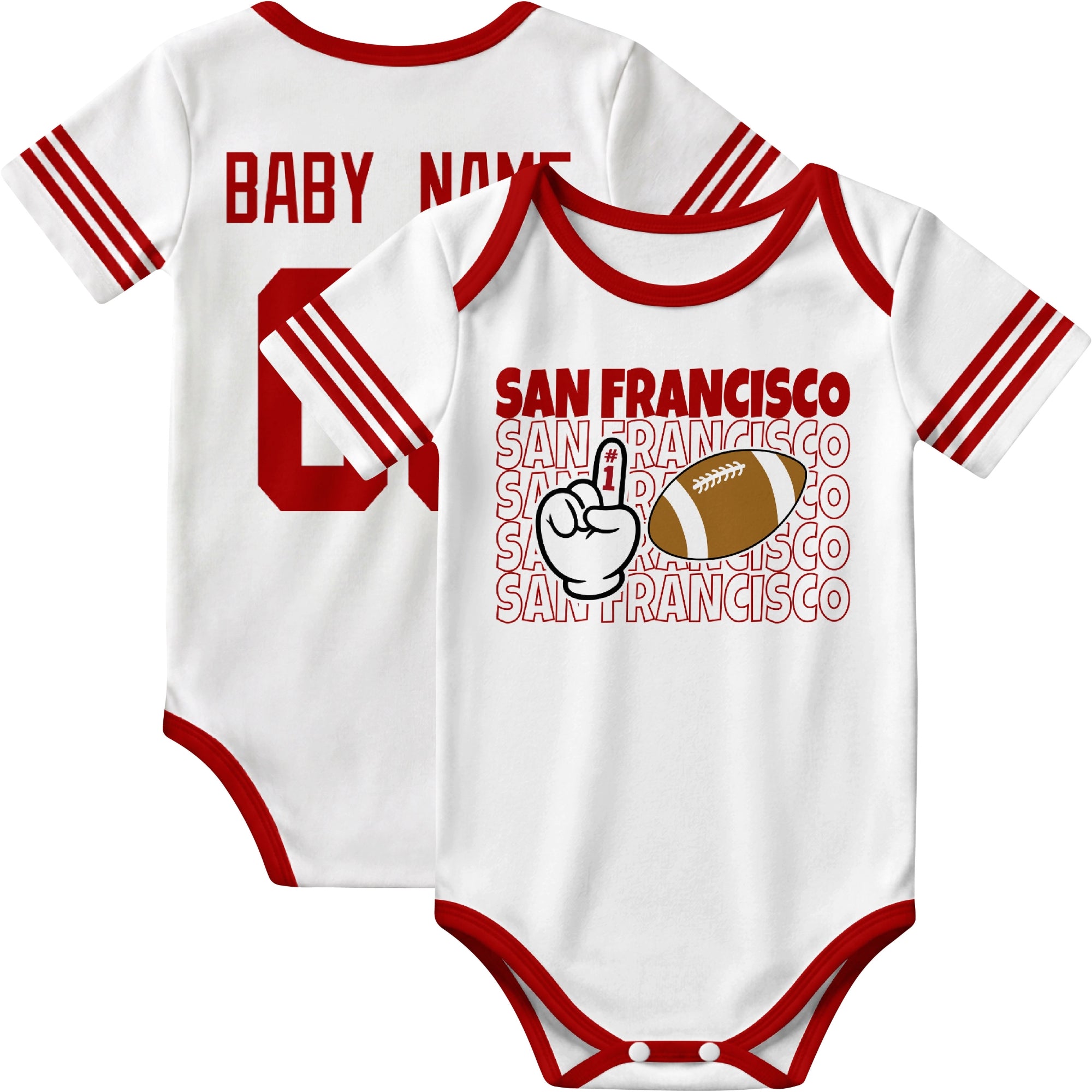 San Francisco personalized football baby bodysuit in White showing front number one fan design and back custom baby name and number
