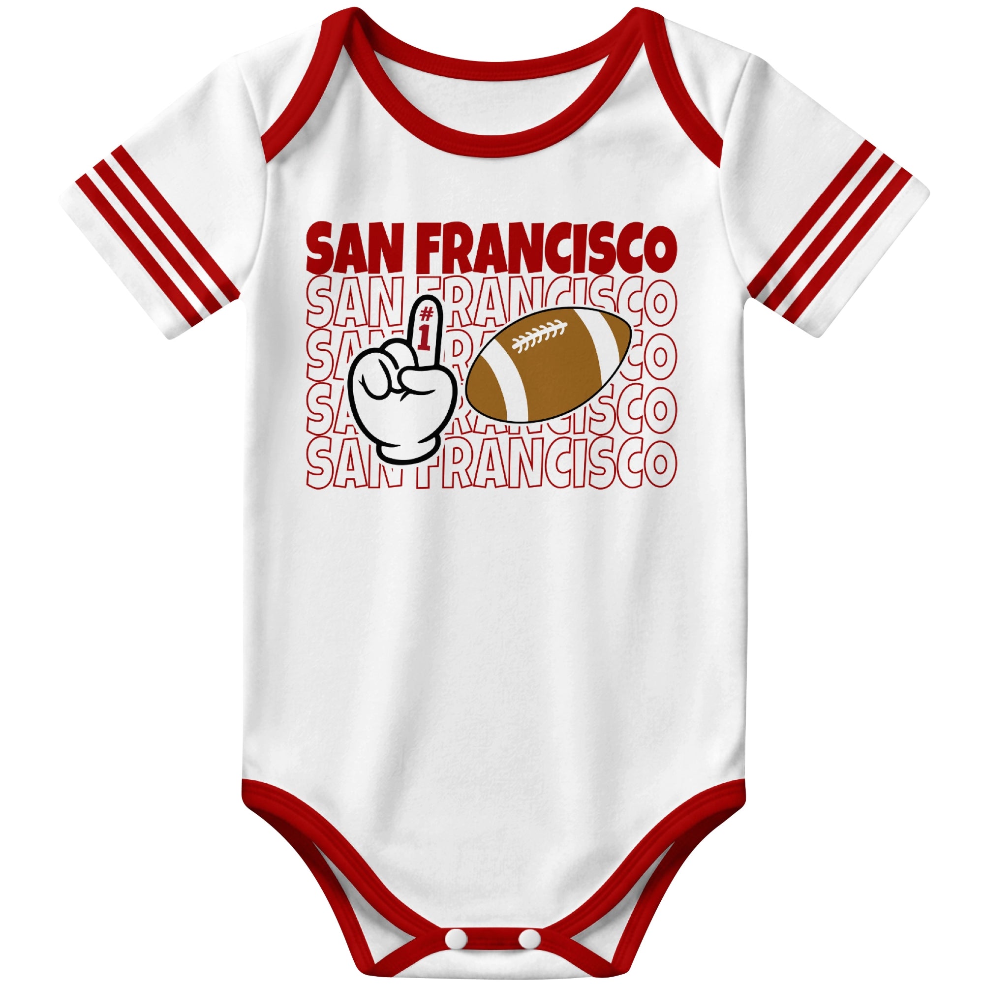 San Francisco White football baby bodysuit front view with city lettering football and number one fan hand graphic