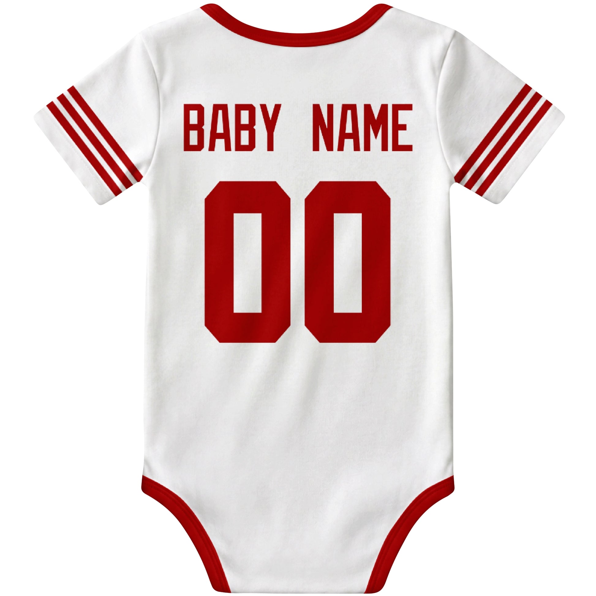 San Francisco White personalized football baby bodysuit back view with custom baby name and jersey number
