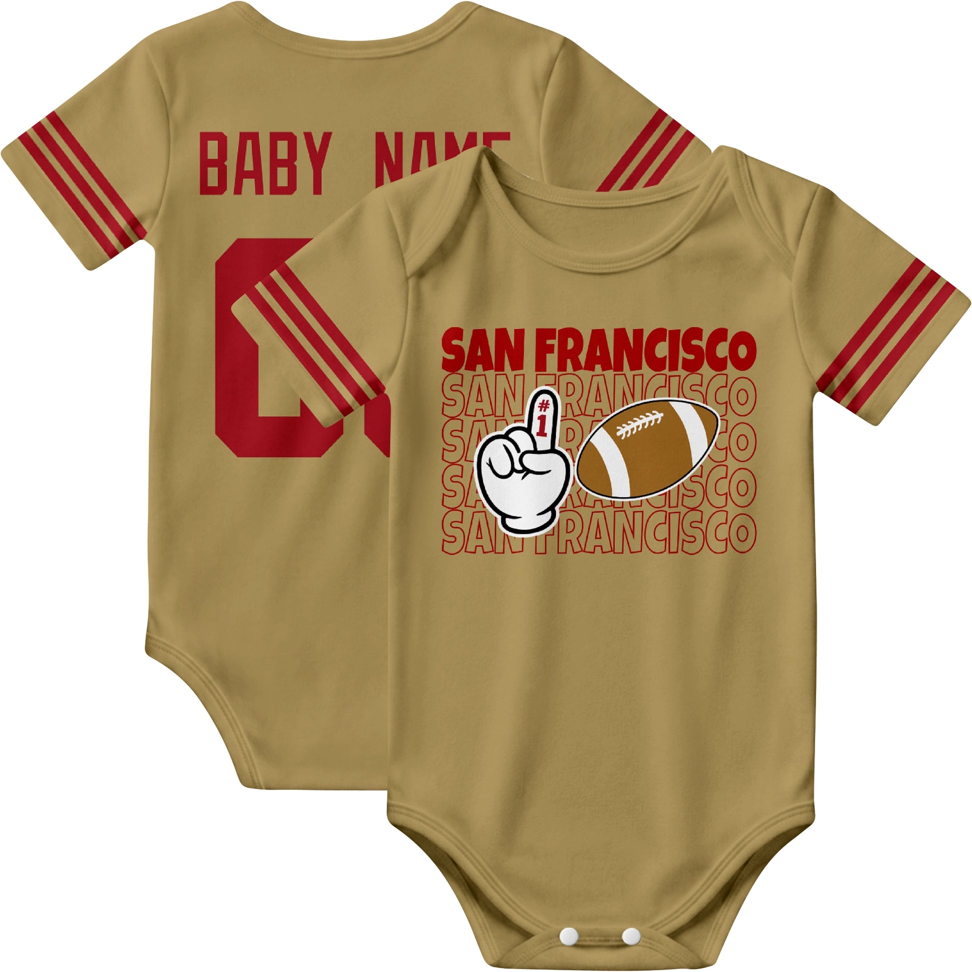 San Francisco personalized football baby bodysuit in Gold showing front number one fan design and back custom baby name and number