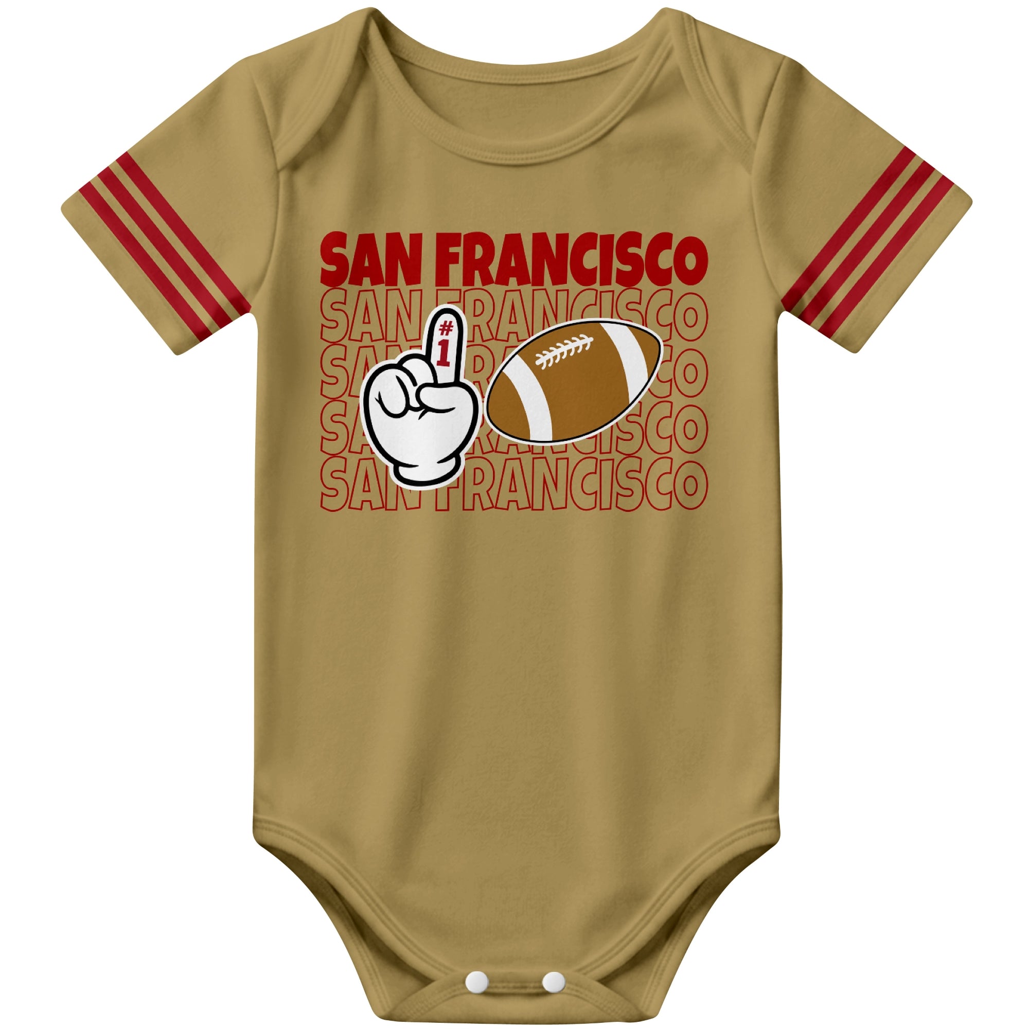San Francisco Gold football baby bodysuit front view with city lettering football and number one fan hand graphic