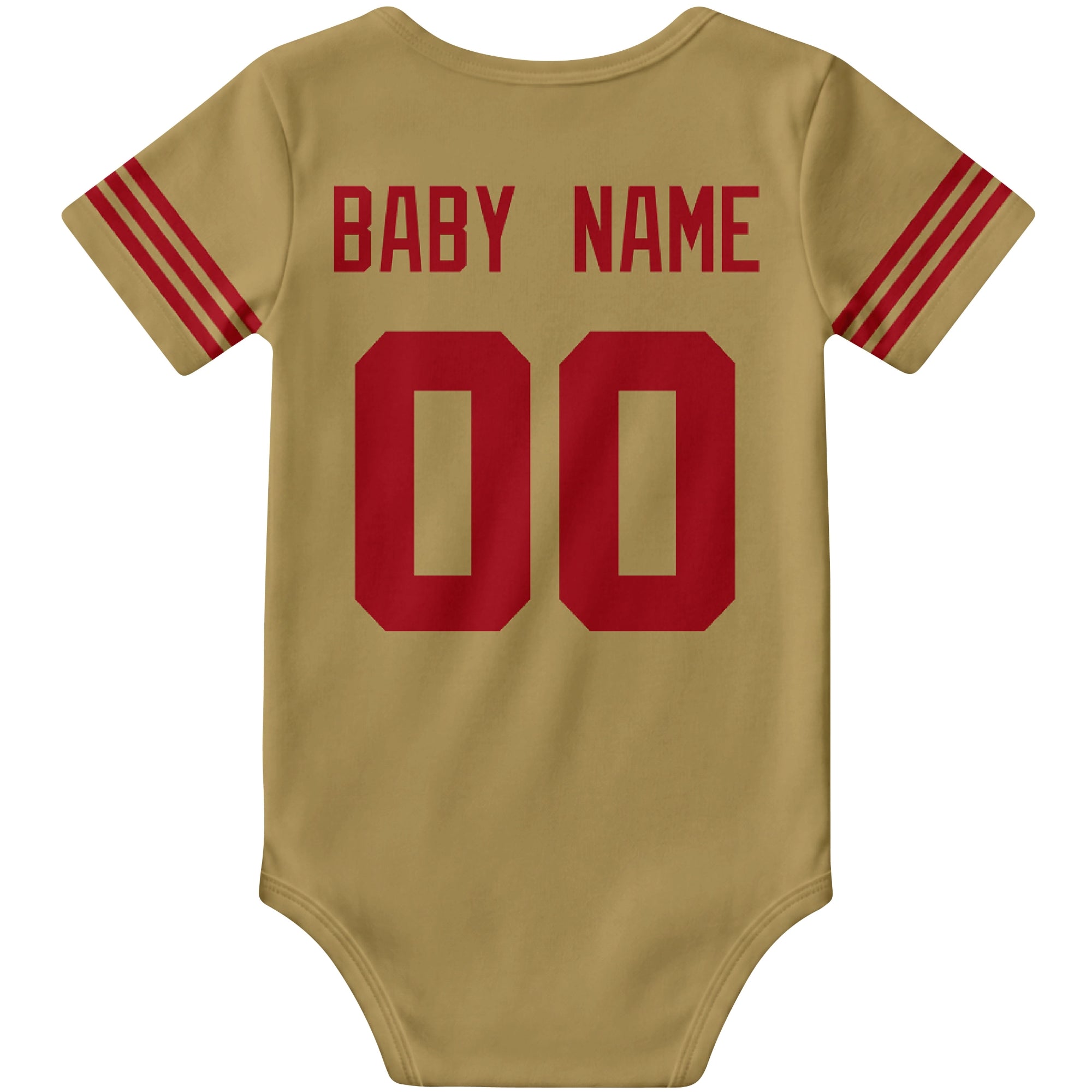 San Francisco Gold personalized football baby bodysuit back view with custom baby name and jersey number