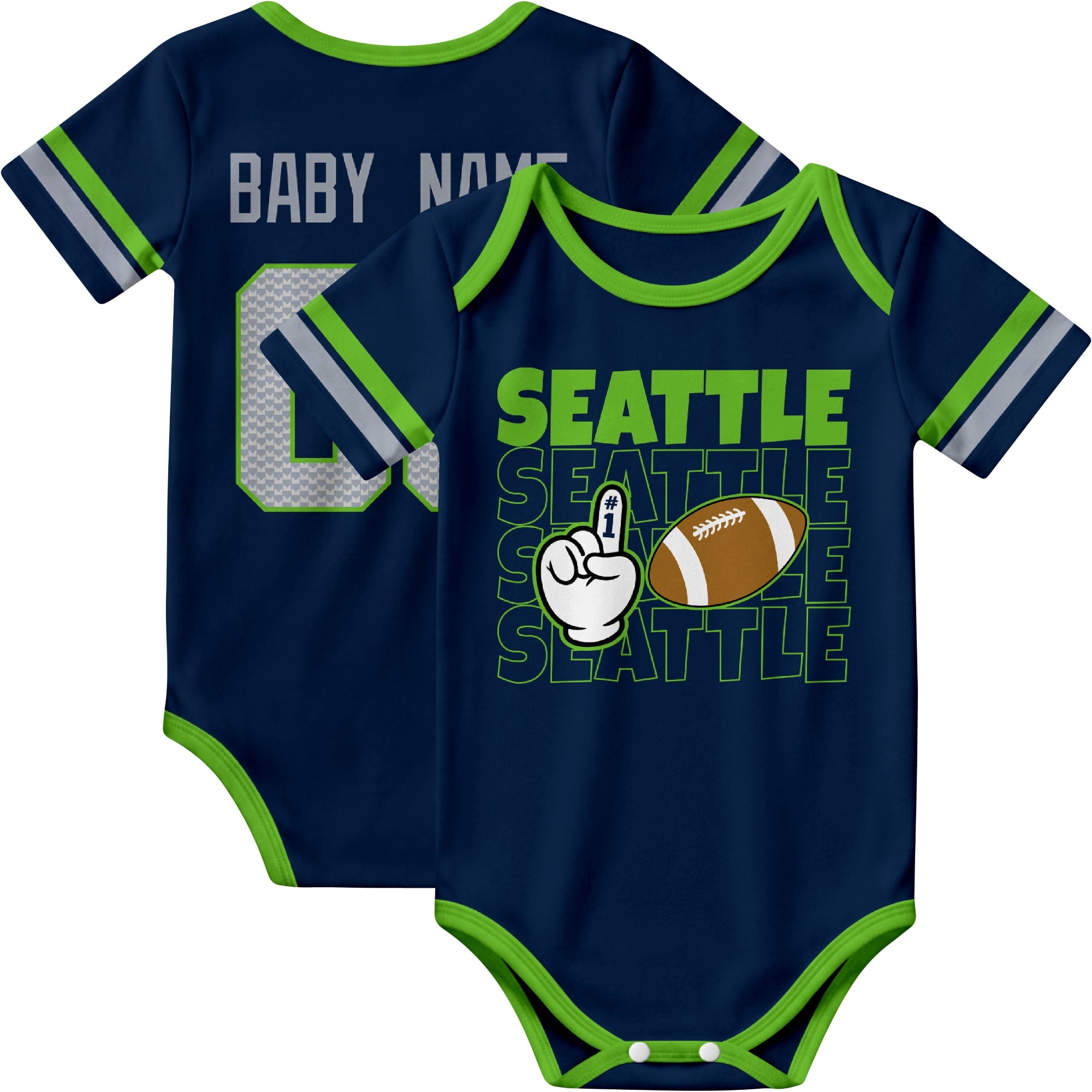 Seattle personalized football baby bodysuit in Navy showing front number one fan design and back custom baby name and number