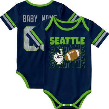 Seattle personalized football baby bodysuit in Navy showing front number one fan design and back custom baby name and number