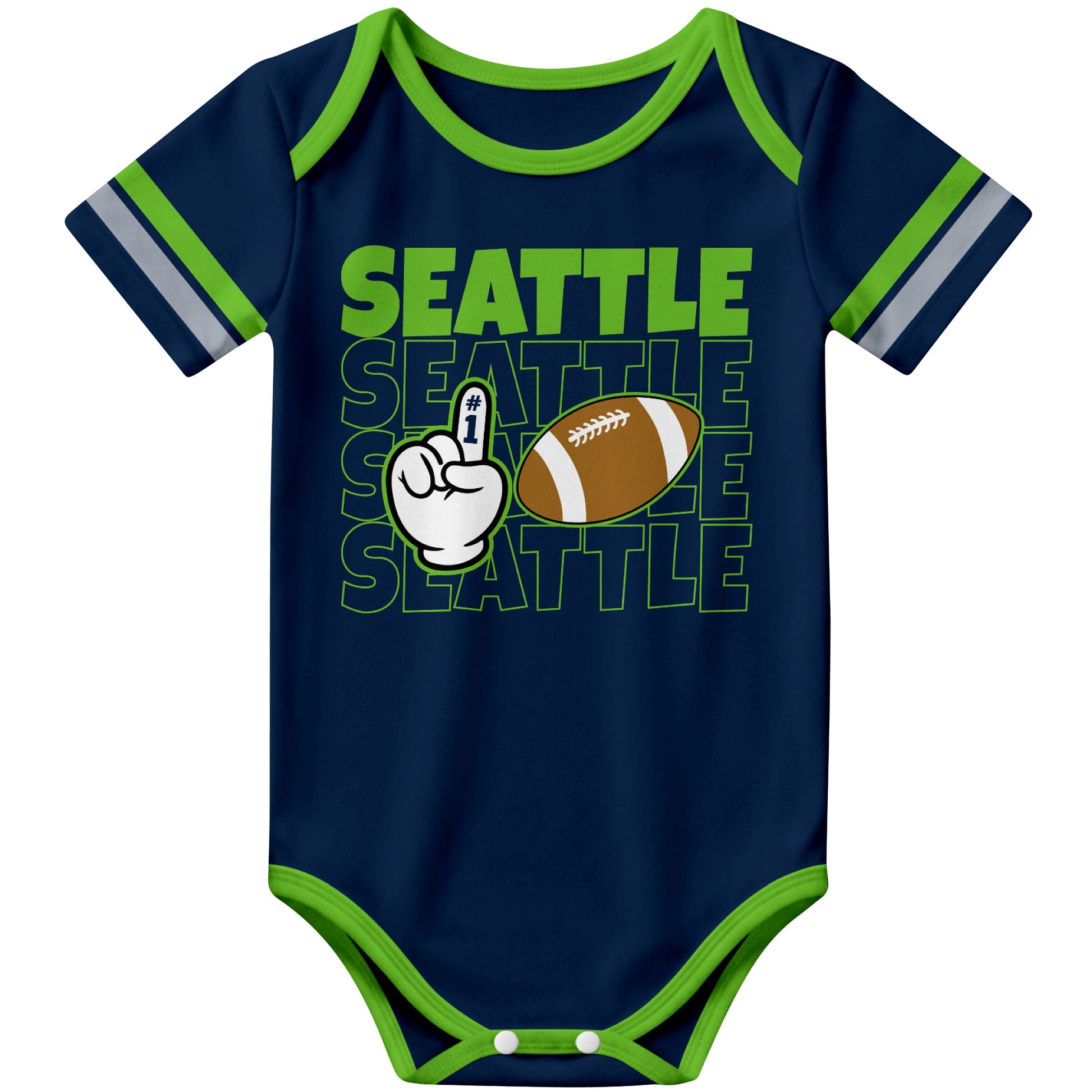 Seattle Navy football baby bodysuit front view with city lettering football and number one fan hand graphic