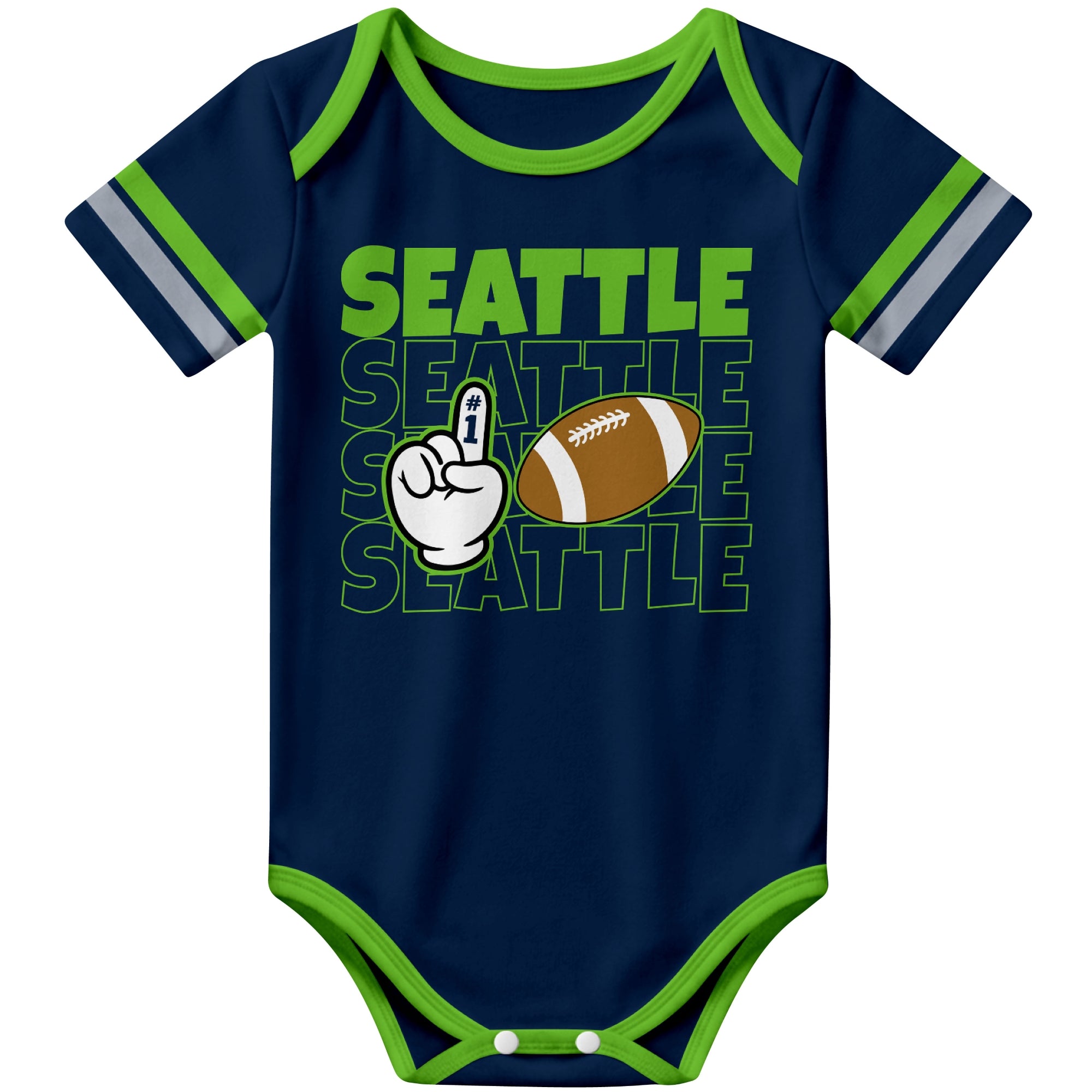 Seattle Navy football baby bodysuit front view with city lettering football and number one fan hand graphic
