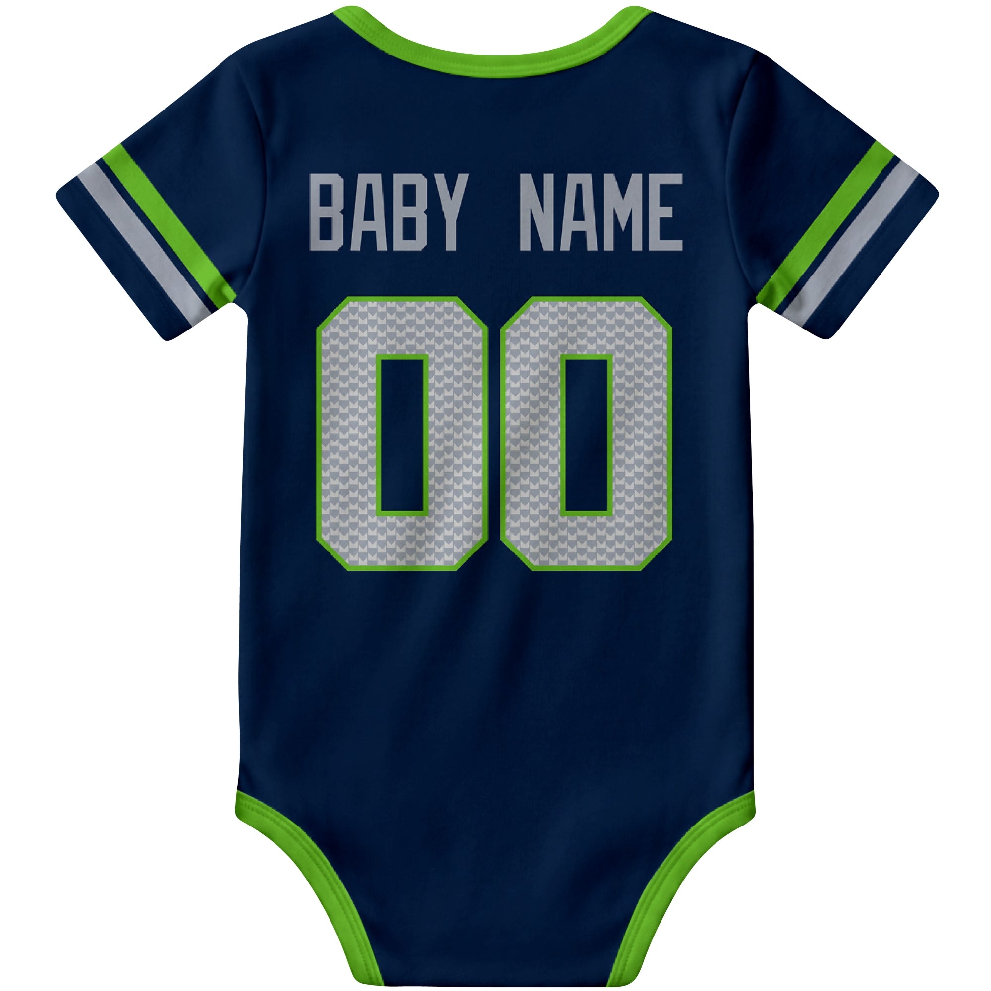 Seattle Navy personalized football baby bodysuit back view with custom baby name and jersey number