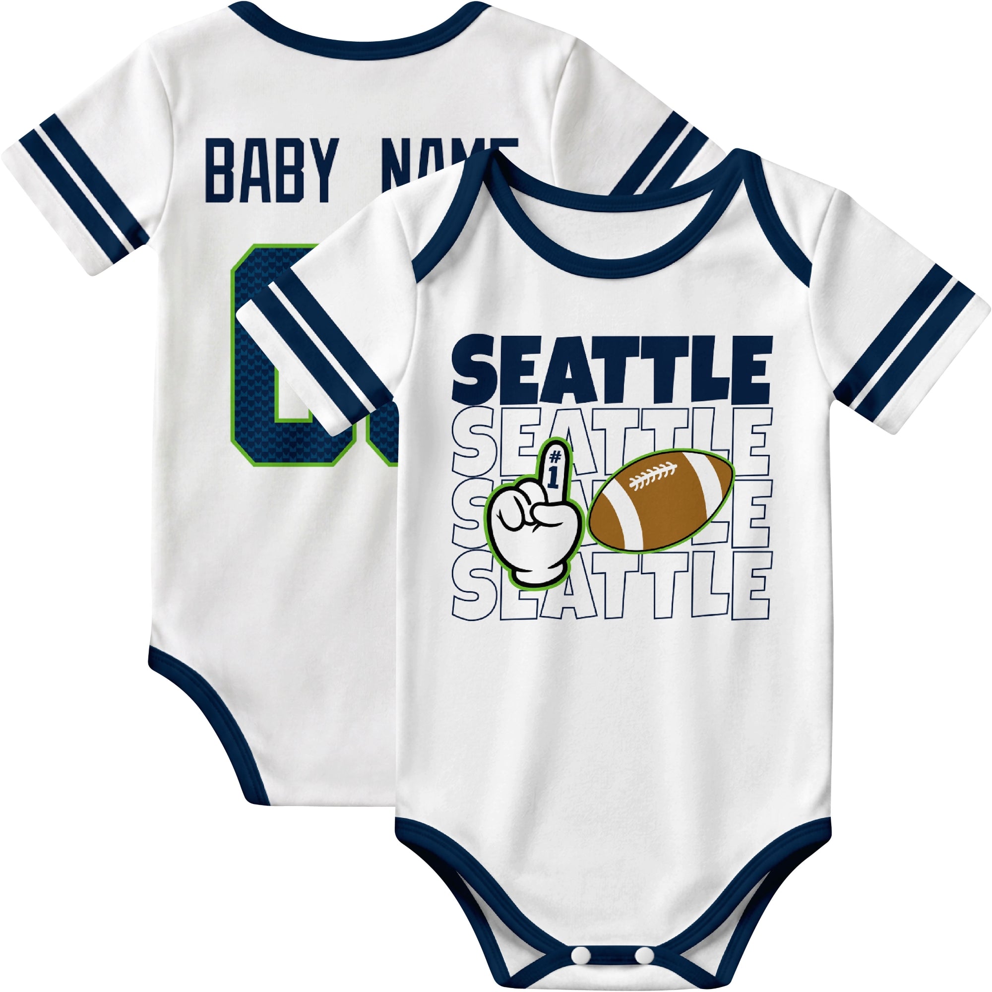Seattle personalized football baby bodysuit in White showing front number one fan design and back custom baby name and number