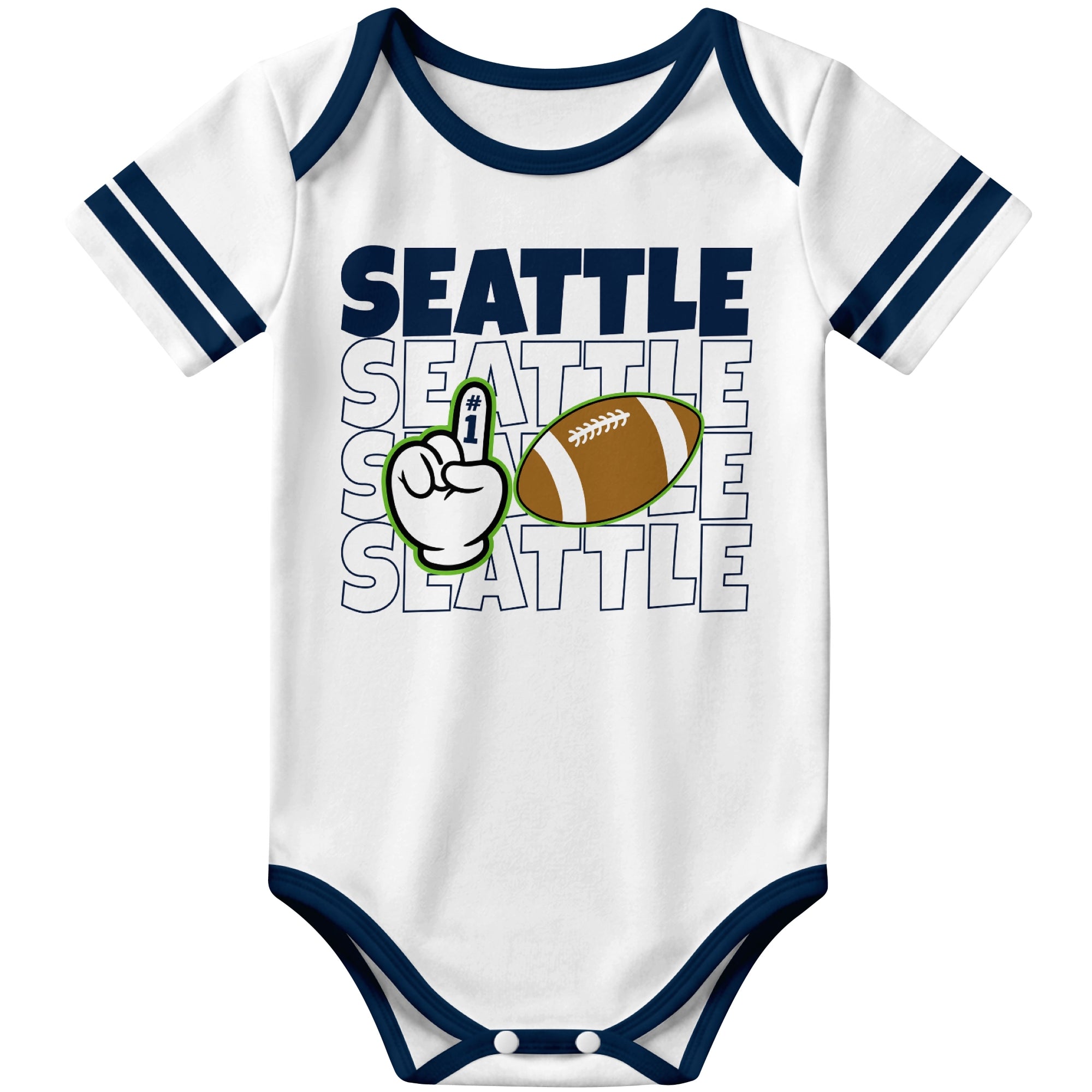 Seattle White football baby bodysuit front view with city lettering football and number one fan hand graphic