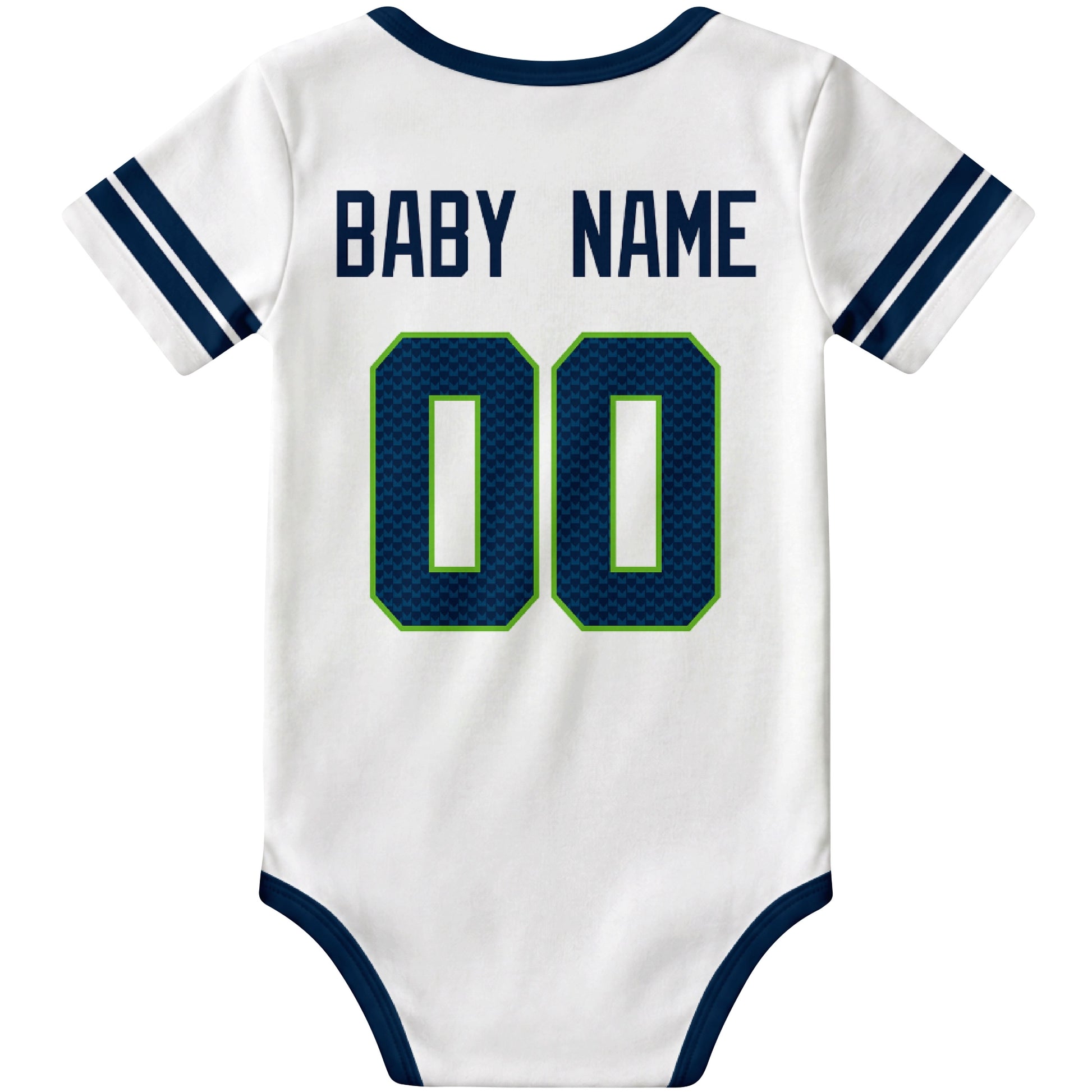Seattle White personalized football baby bodysuit back view with custom baby name and jersey number