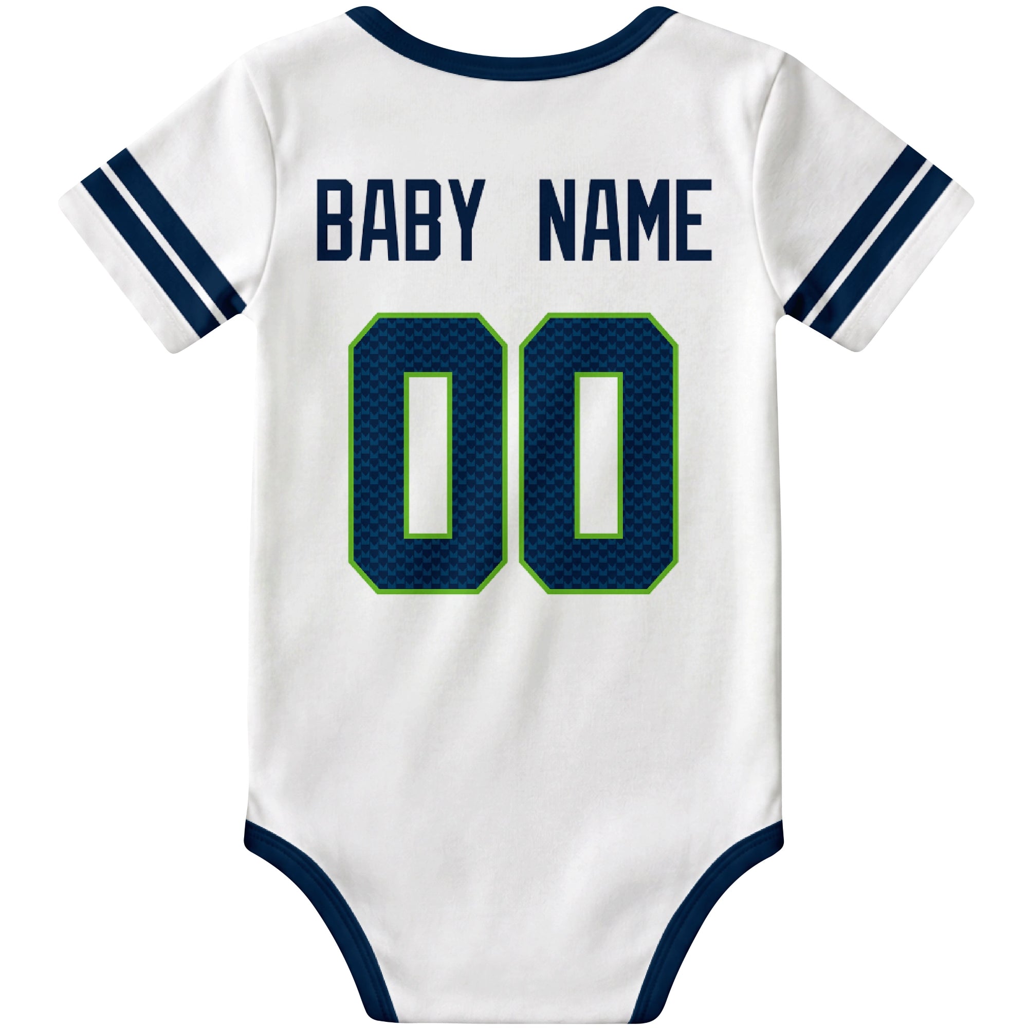 Seattle White personalized football baby bodysuit back view with custom baby name and jersey number