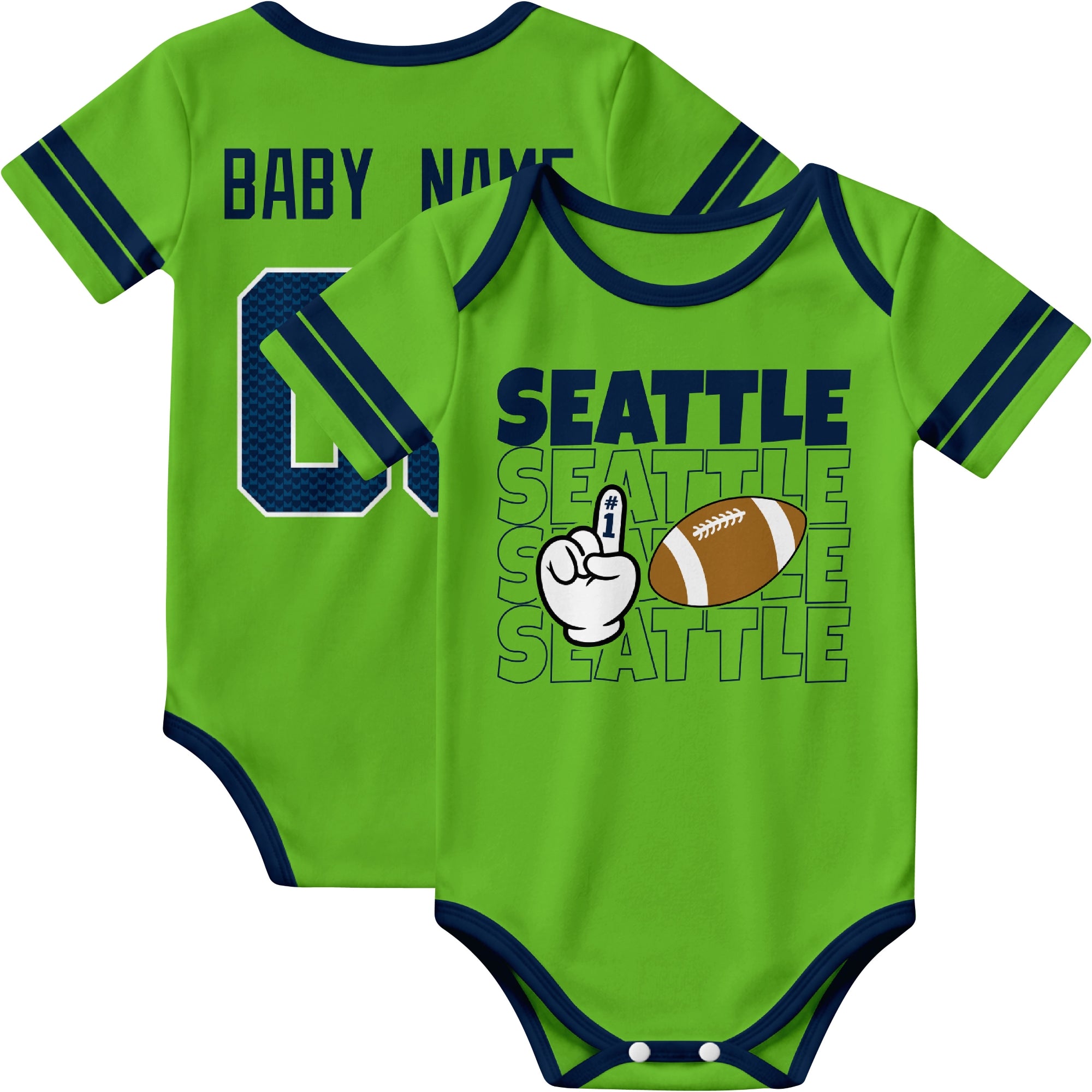 Seattle personalized football baby bodysuit in Neon Green showing front number one fan design and back custom baby name and number