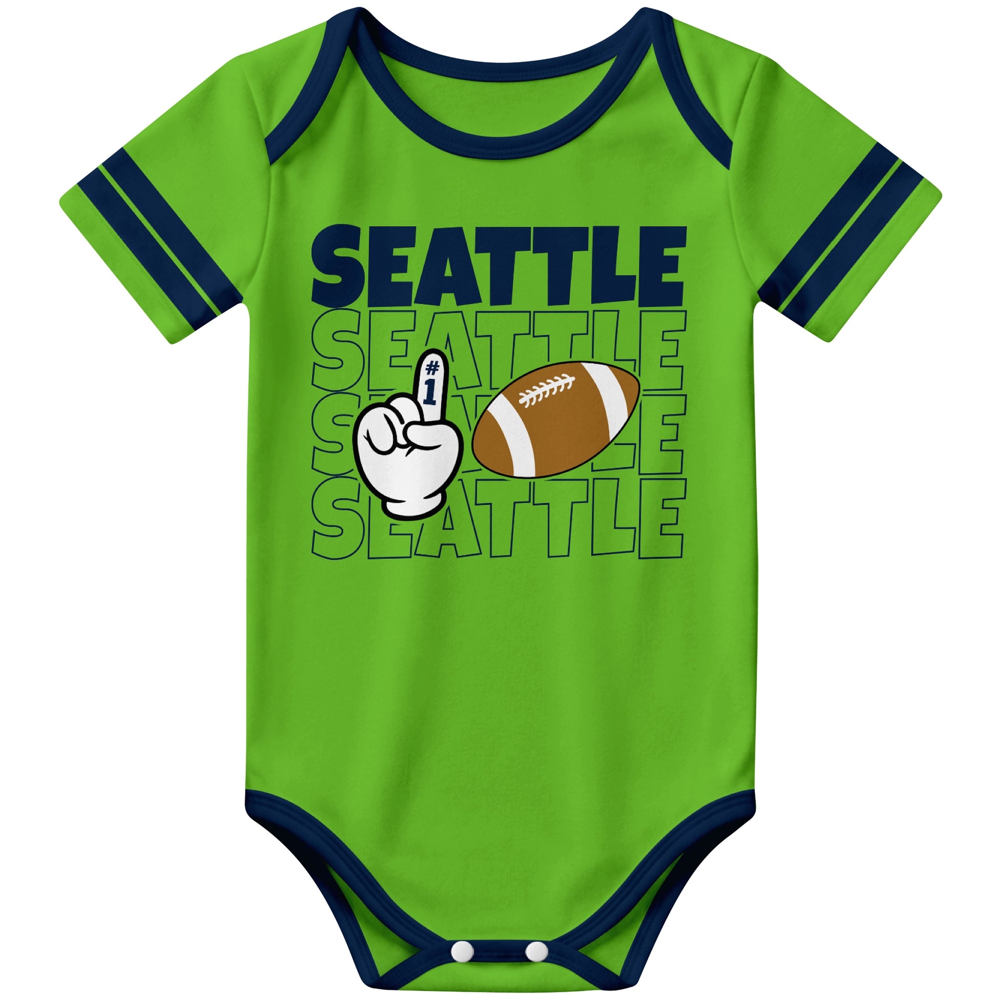 Seattle Neon Green football baby bodysuit front view with city lettering football and number one fan hand graphic