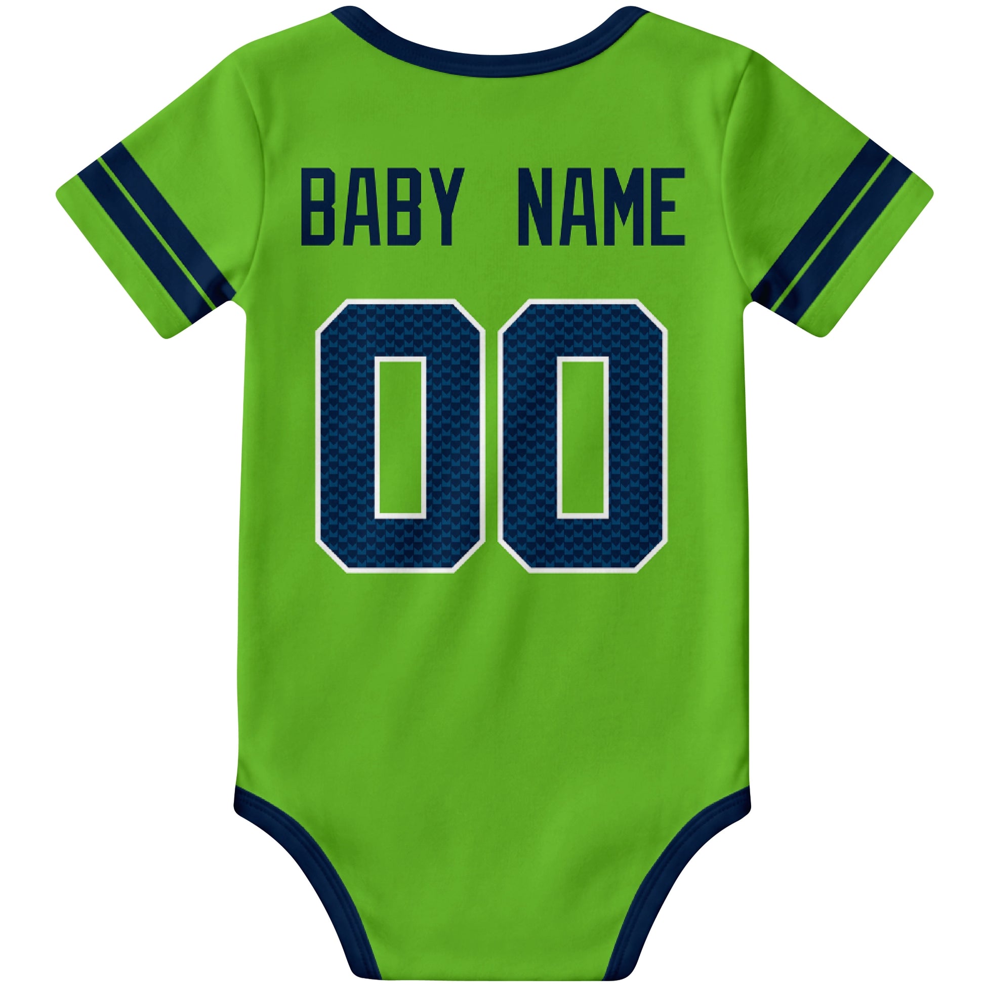 Seattle Neon Green personalized football baby bodysuit back view with custom baby name and jersey number