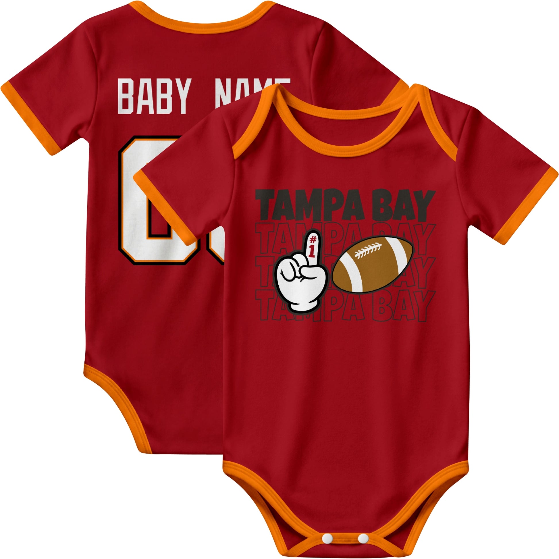 Tampa personalized football baby bodysuit in Red showing front number one fan design and back custom baby name and number