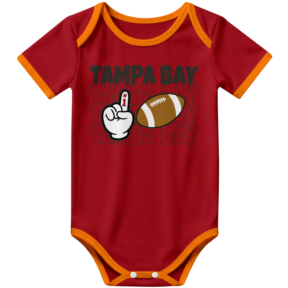 Tampa personalized football baby bodysuit in Red showing front number one fan design and back custom baby name and number