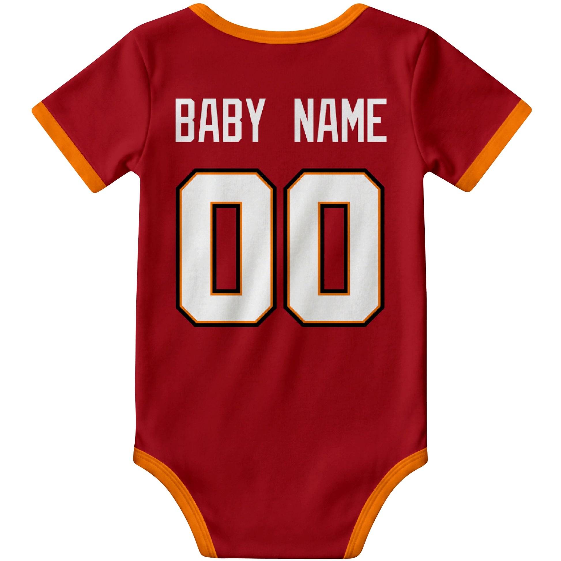 Tampa Red personalized football baby bodysuit back view with custom baby name and jersey number