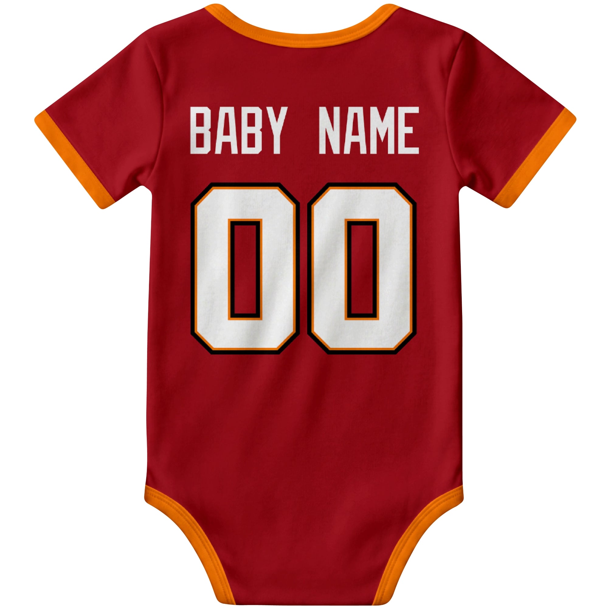 Tampa Red personalized football baby bodysuit back view with custom baby name and jersey number