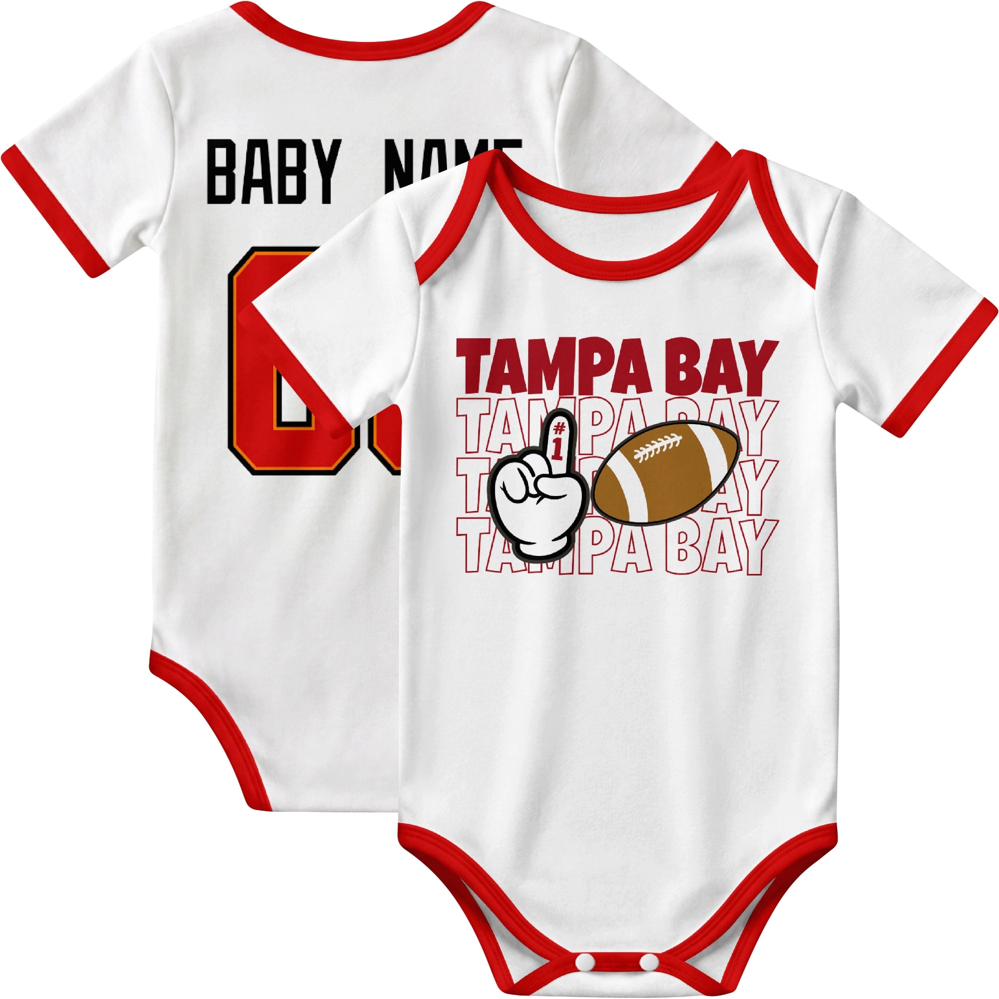 Tampa personalized football baby bodysuit in White showing front number one fan design and back custom baby name and number