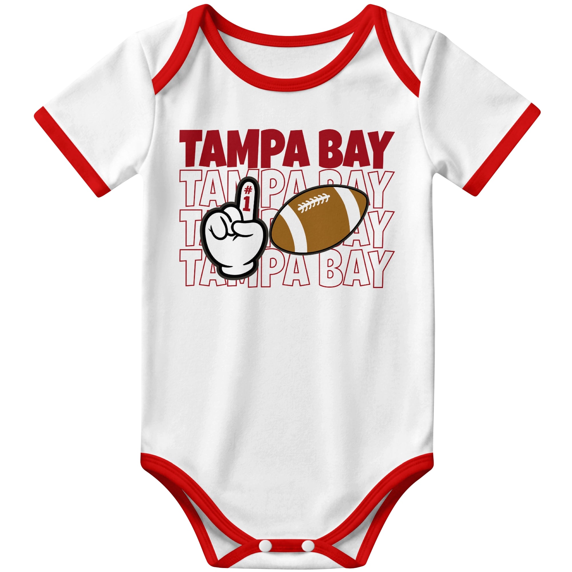 Tampa White football baby bodysuit front view with city lettering football and number one fan hand graphic