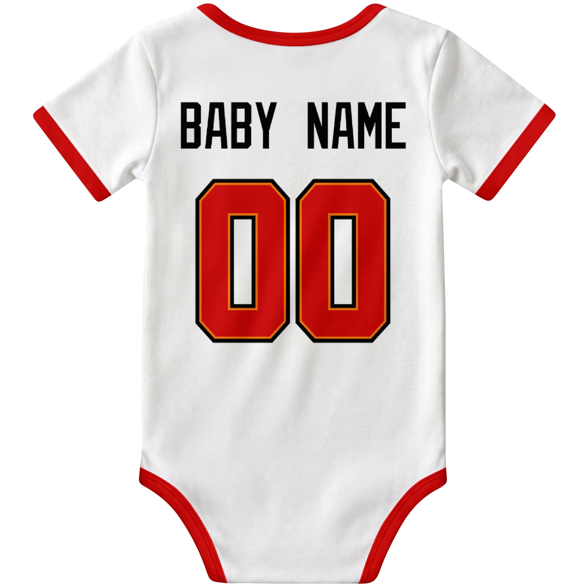 Tampa White personalized football baby bodysuit back view with custom baby name and jersey number