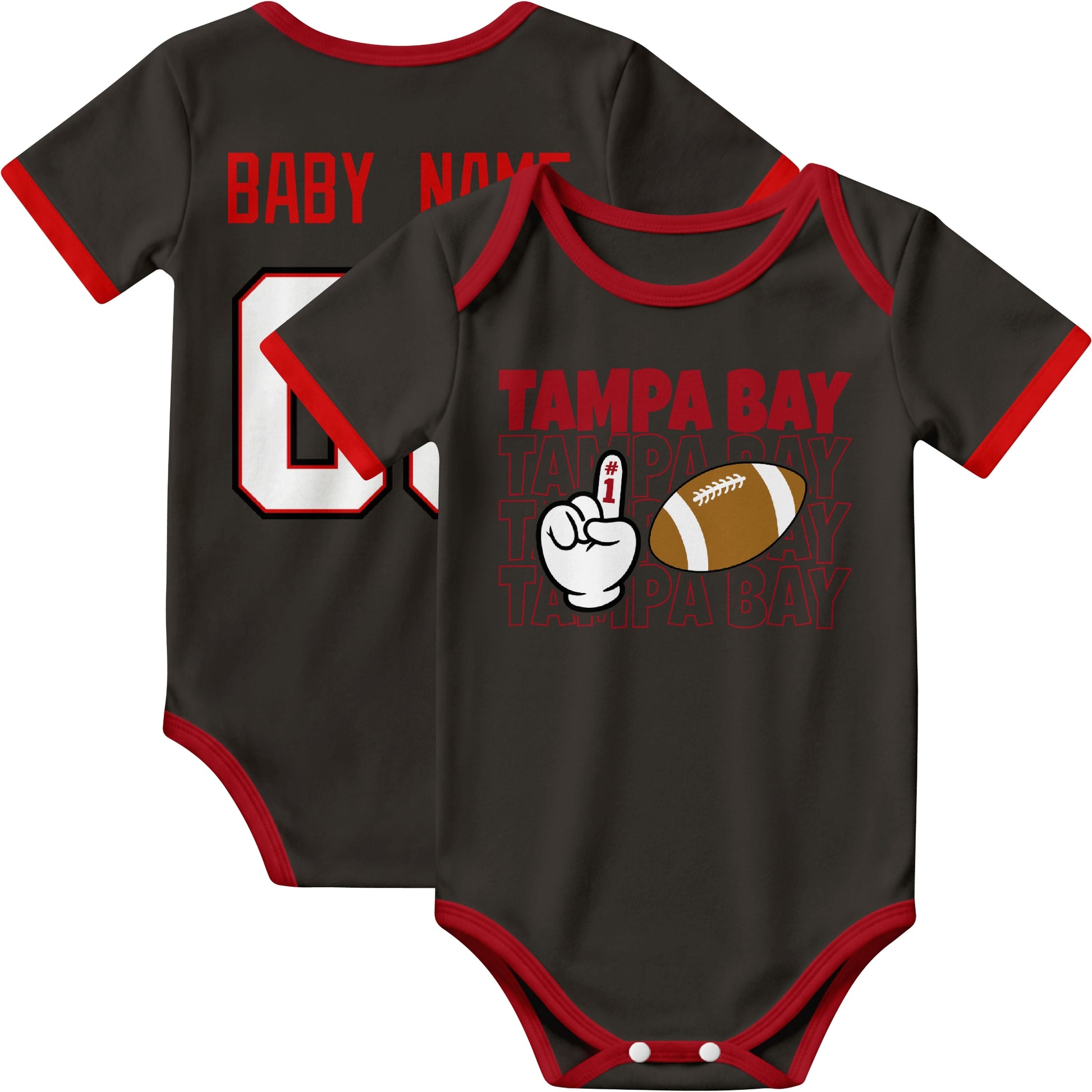Tampa personalized football baby bodysuit in Black showing front number one fan design and back custom baby name and number