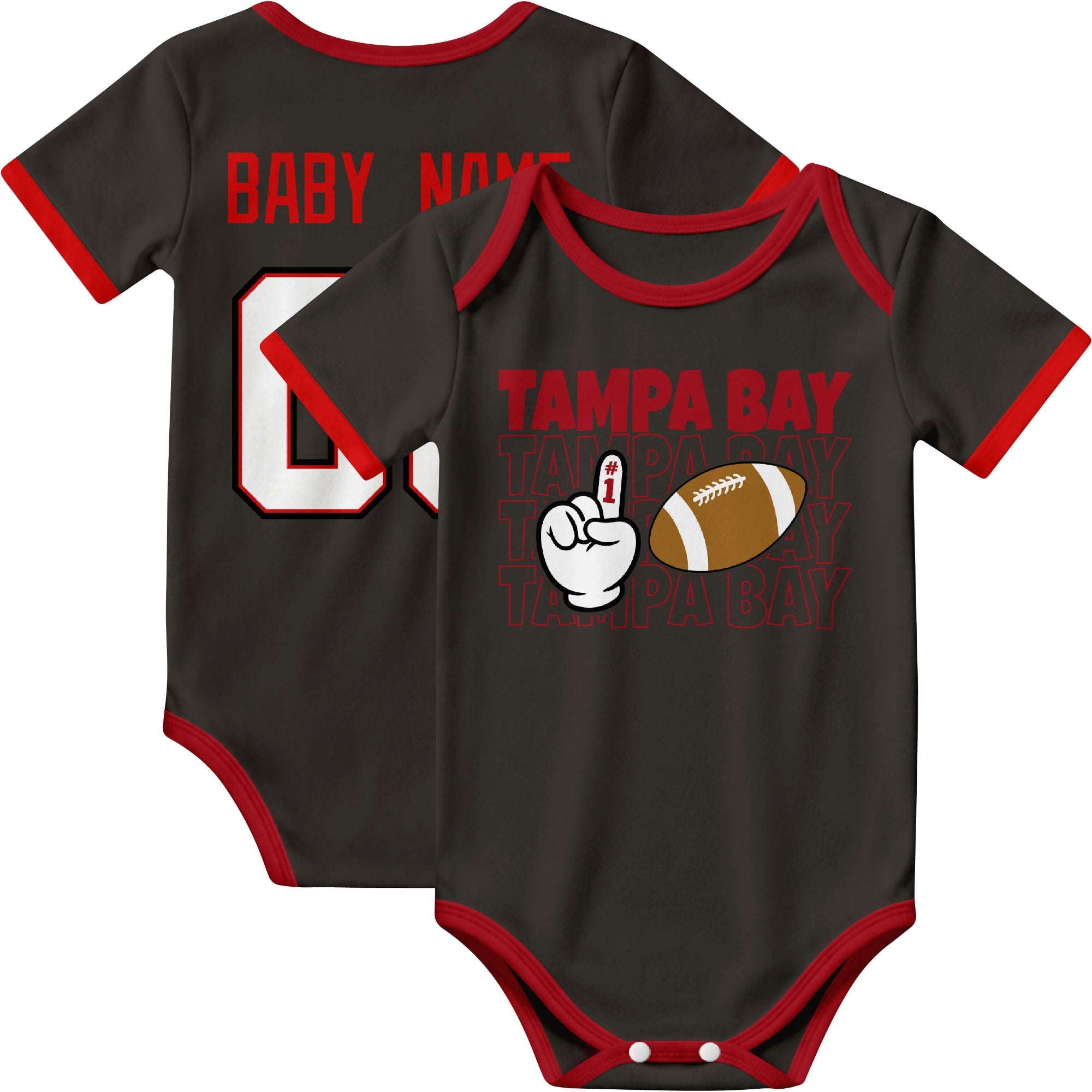Tampa personalized football baby bodysuit in Black showing front number one fan design and back custom baby name and number
