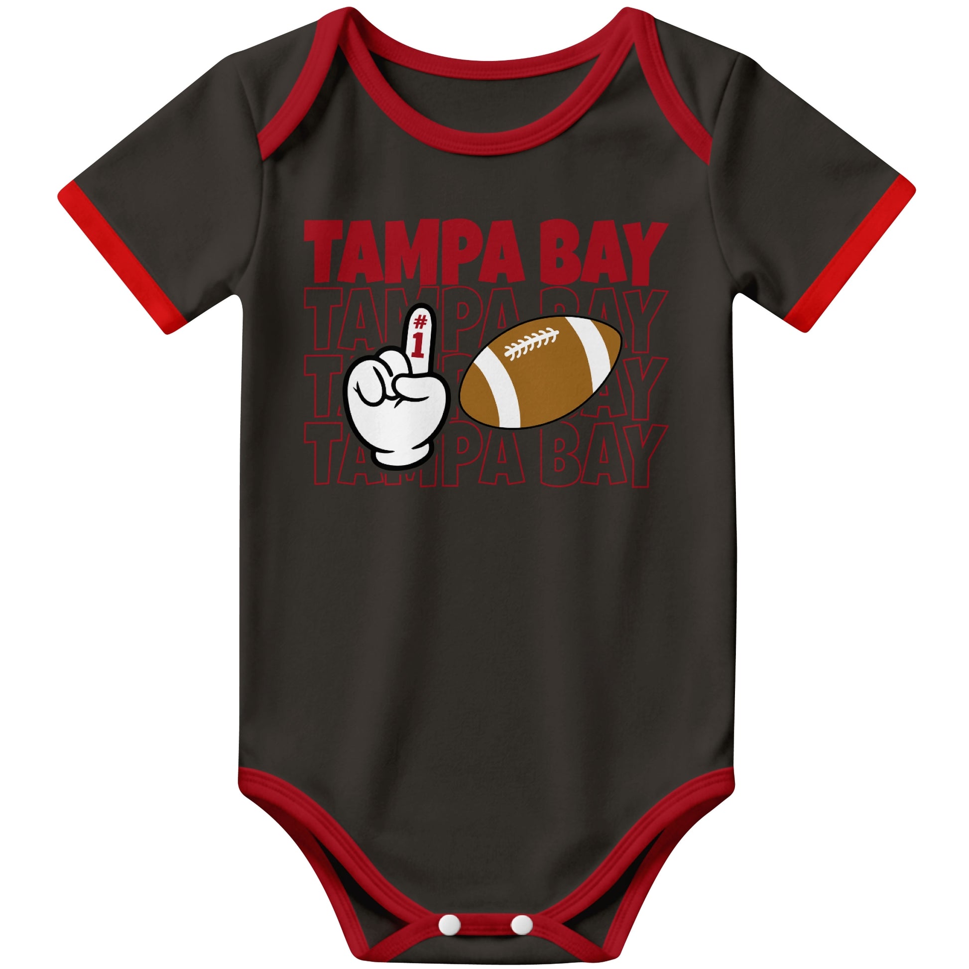 Tampa Black football baby bodysuit front view with city lettering football and number one fan hand graphic