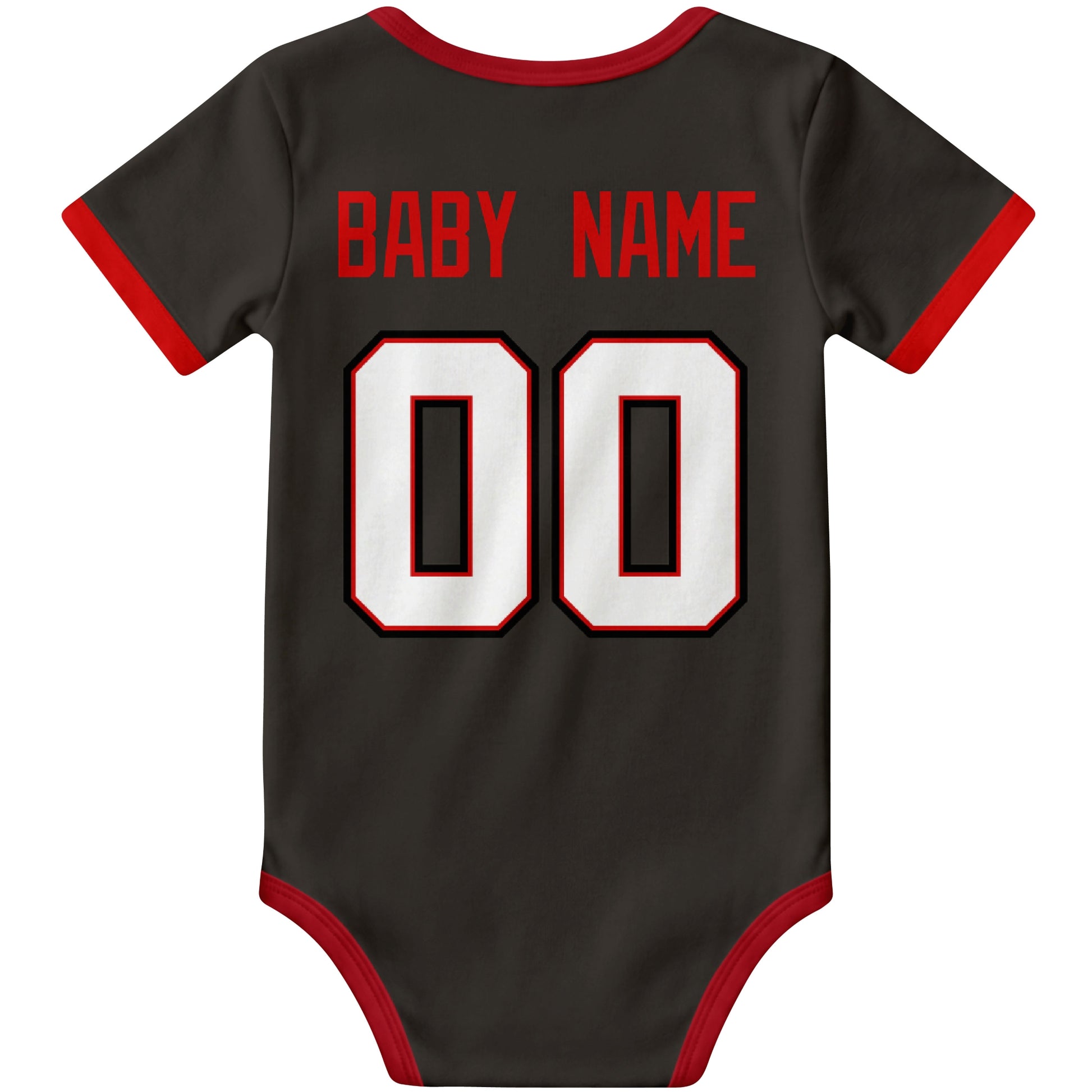 Tampa Black personalized football baby bodysuit back view with custom baby name and jersey number
