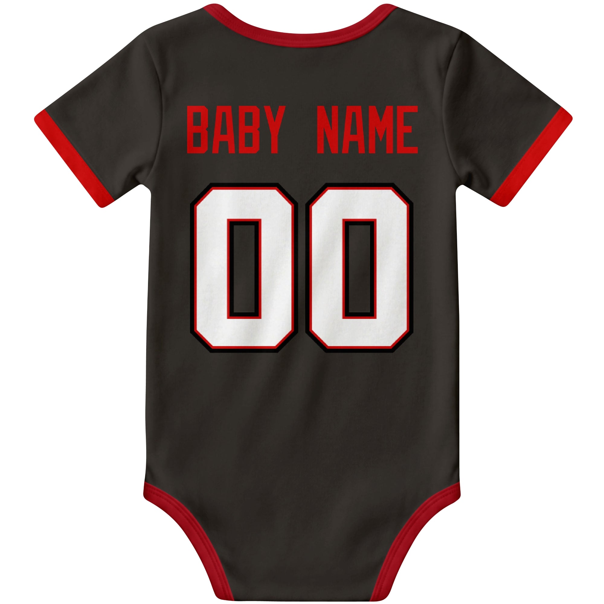 Tampa Black personalized football baby bodysuit back view with custom baby name and jersey number