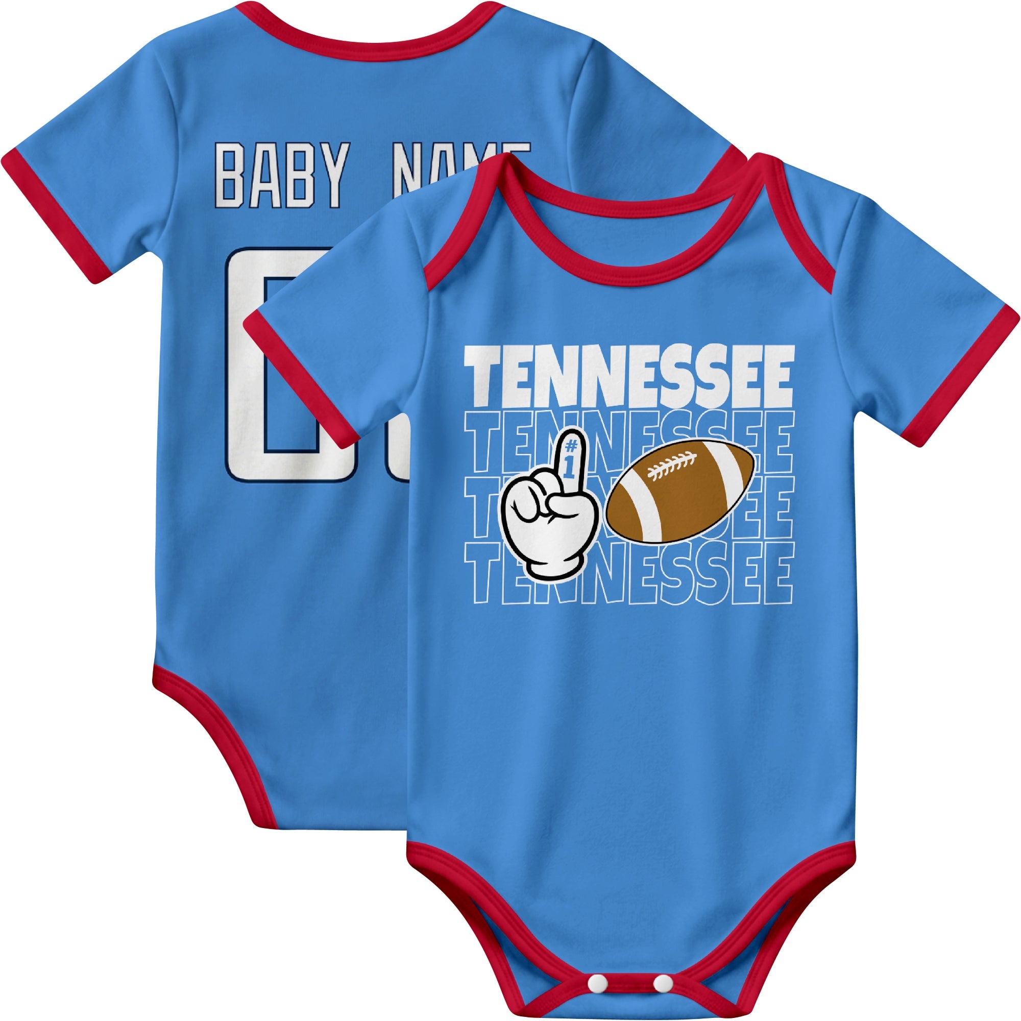 Tennessee personalized football baby bodysuit in Light Blue showing front number one fan design and back custom baby name and number