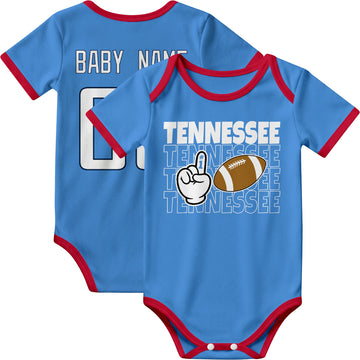 Tennessee personalized football baby bodysuit in Light Blue showing front number one fan design and back custom baby name and number