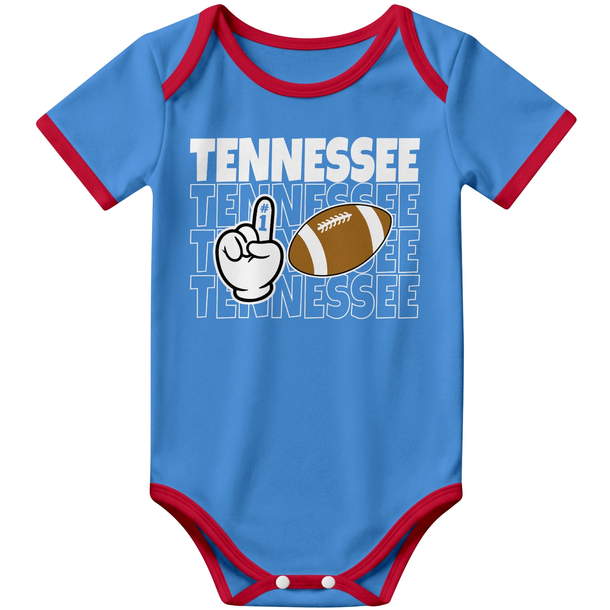 Tennessee Light Blue football baby bodysuit front view with city lettering football and number one fan hand graphic