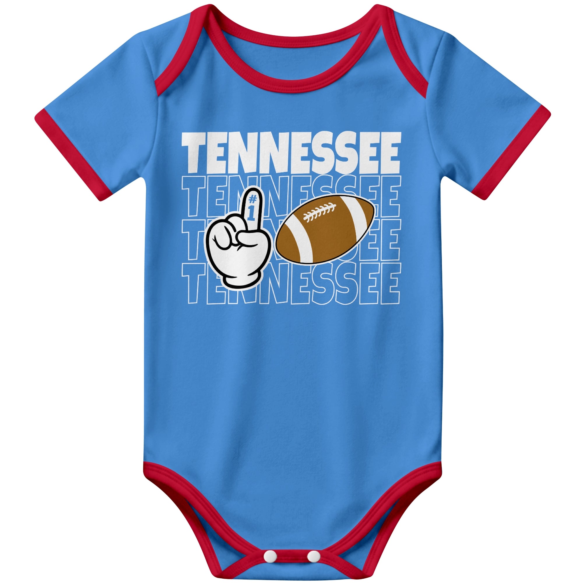 Tennessee Light Blue football baby bodysuit front view with city lettering football and number one fan hand graphic