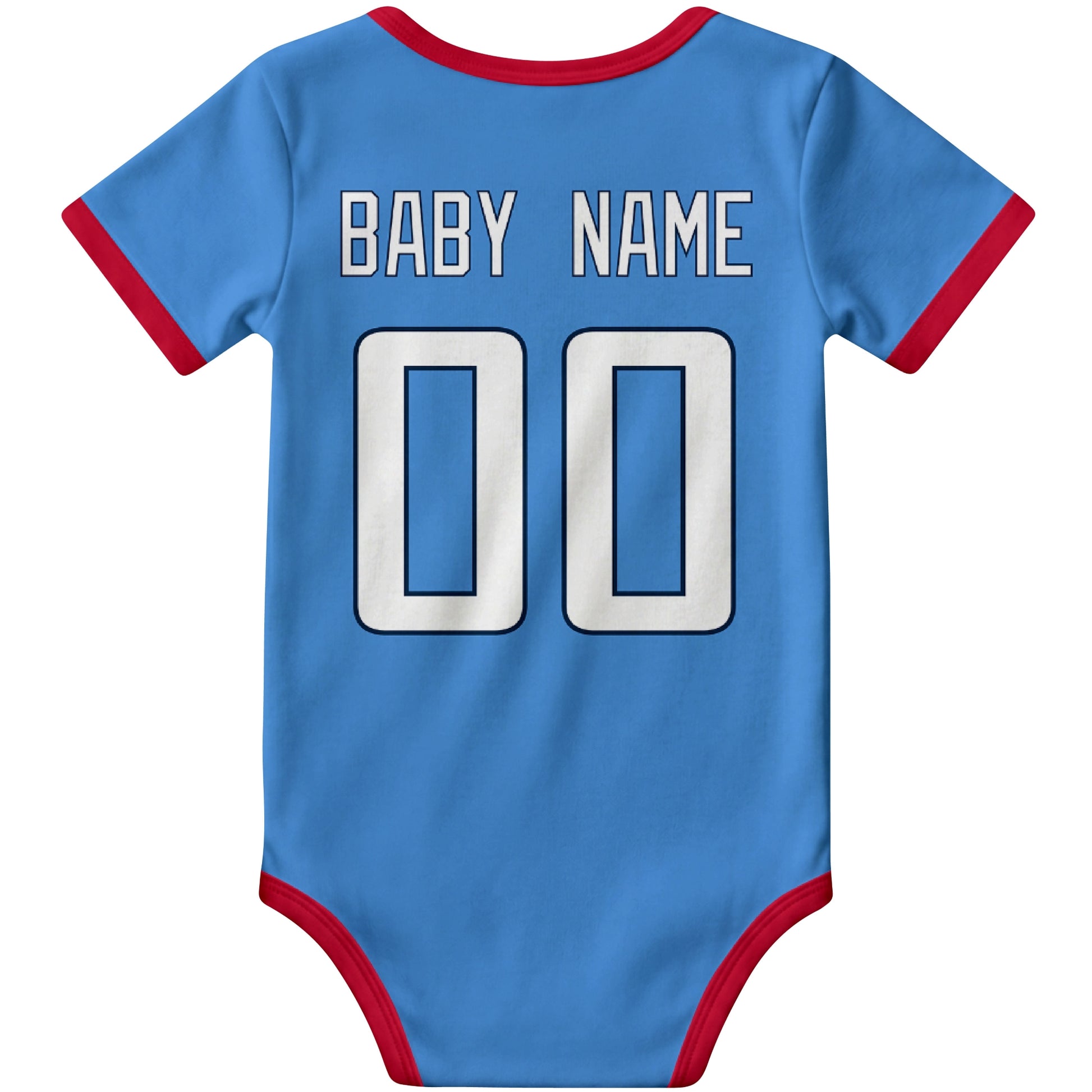 Tennessee Light Blue personalized football baby bodysuit back view with custom baby name and jersey number