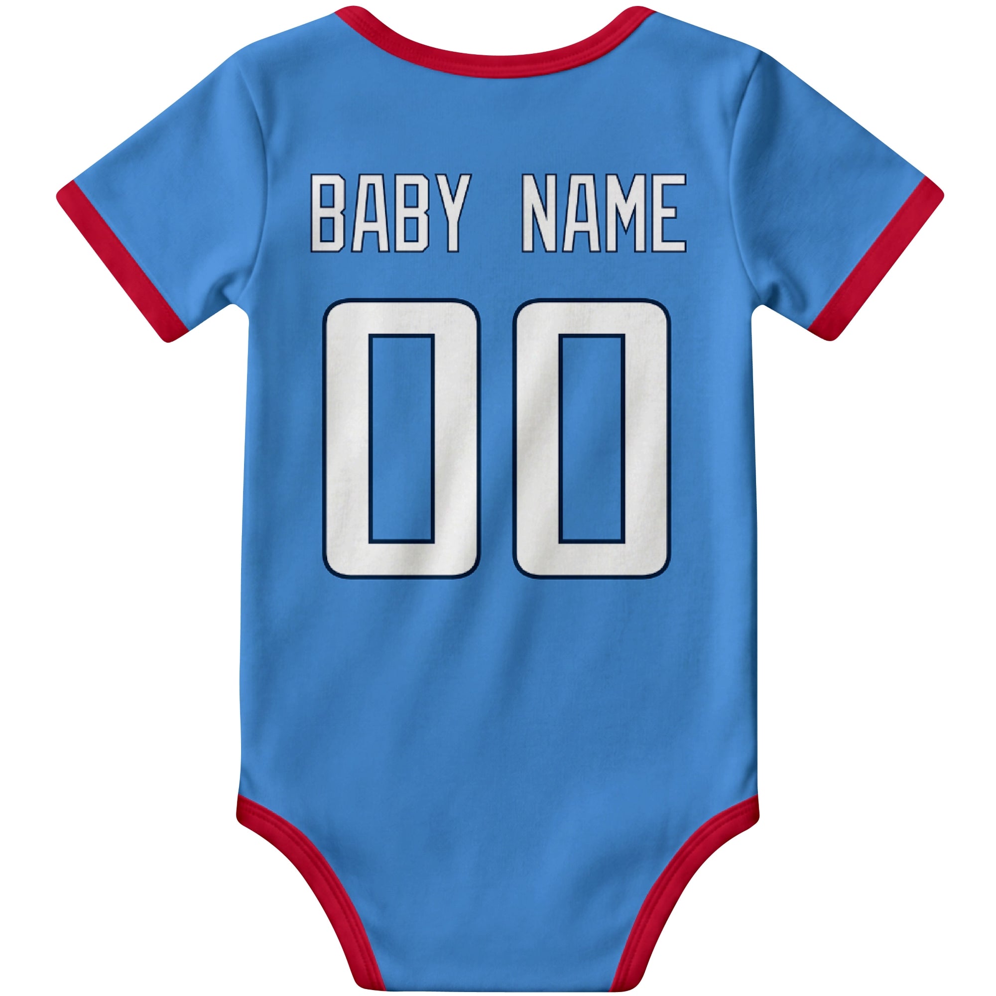 Tennessee Light Blue personalized football baby bodysuit back view with custom baby name and jersey number