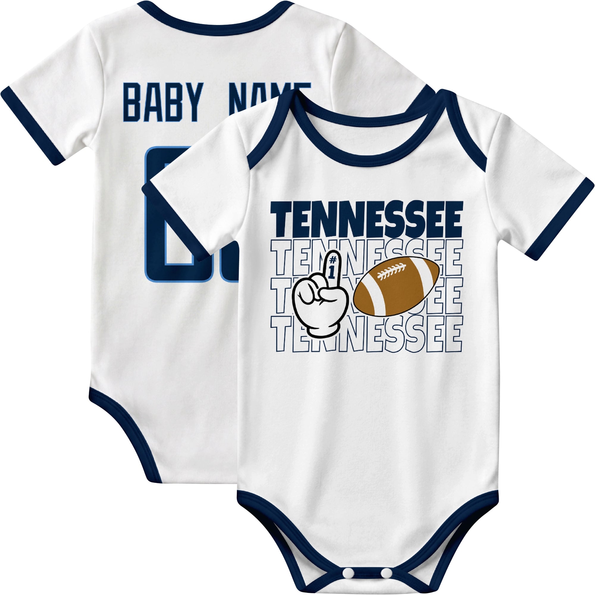 Tennessee personalized football baby bodysuit in White showing front number one fan design and back custom baby name and number