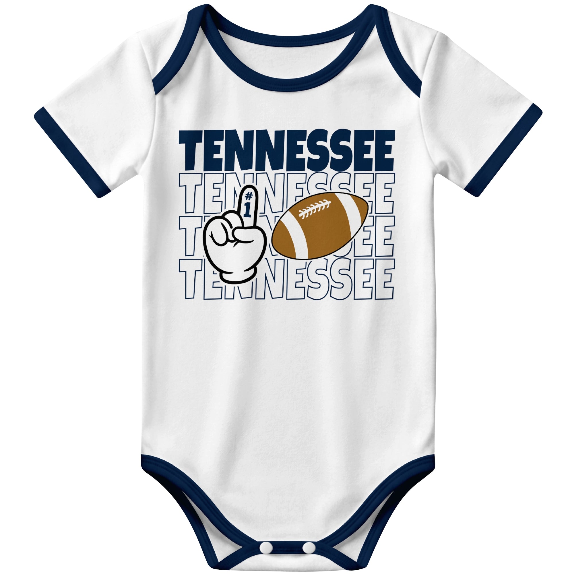 Tennessee White football baby bodysuit front view with city lettering football and number one fan hand graphic
