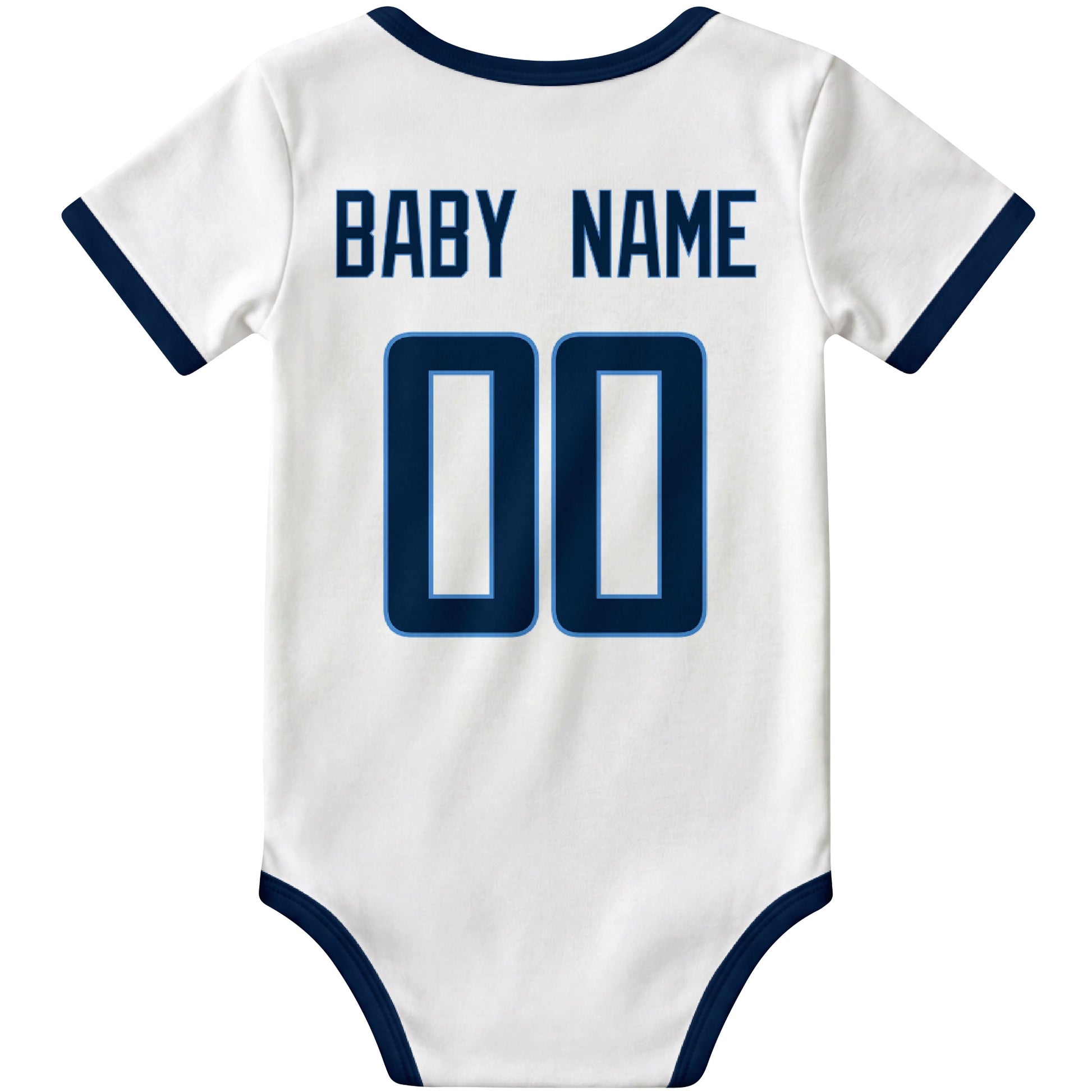 Tennessee White personalized football baby bodysuit back view with custom baby name and jersey number