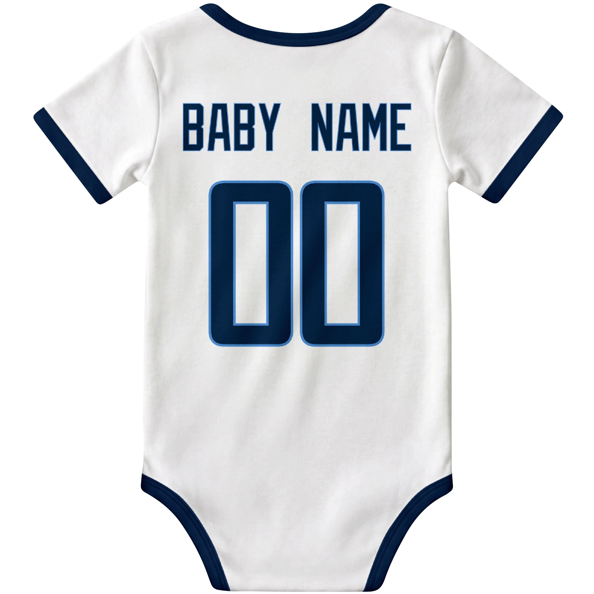 Tennessee White personalized football baby bodysuit back view with custom baby name and jersey number