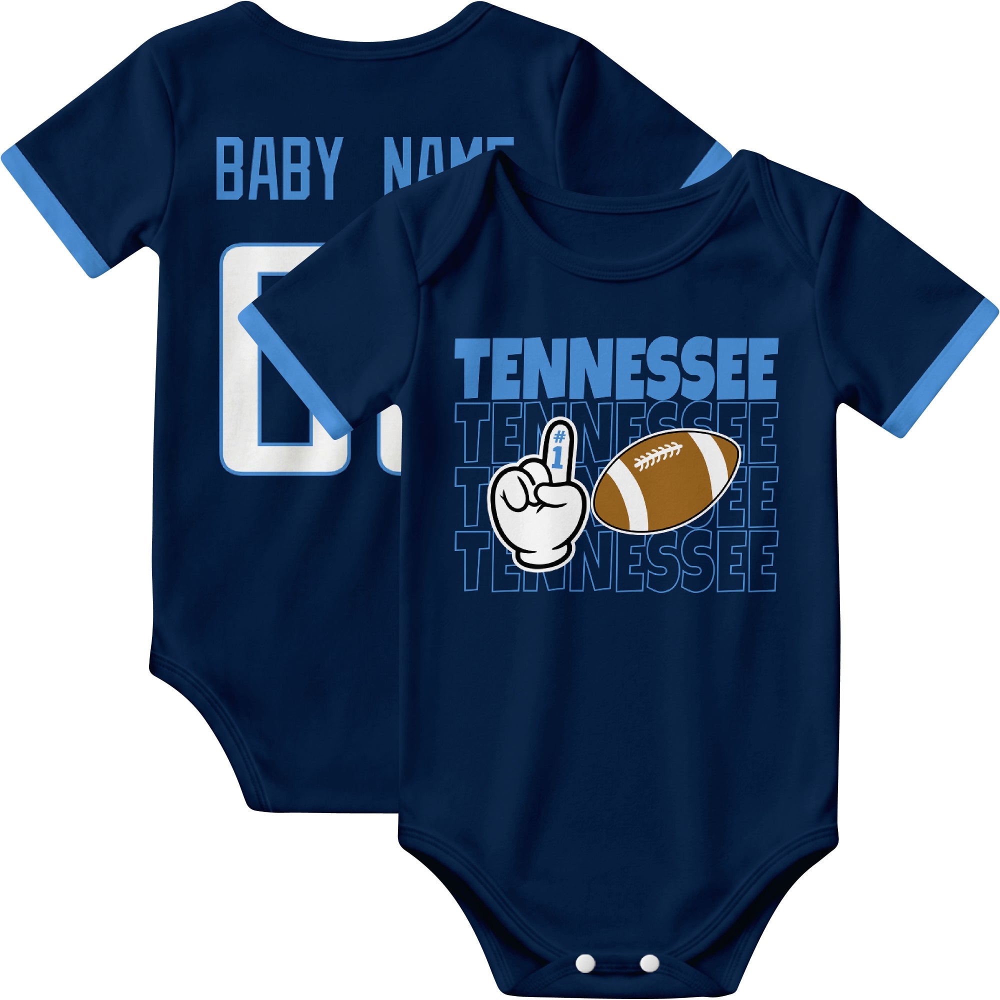 Tennessee personalized football baby bodysuit in Navy showing front number one fan design and back custom baby name and number