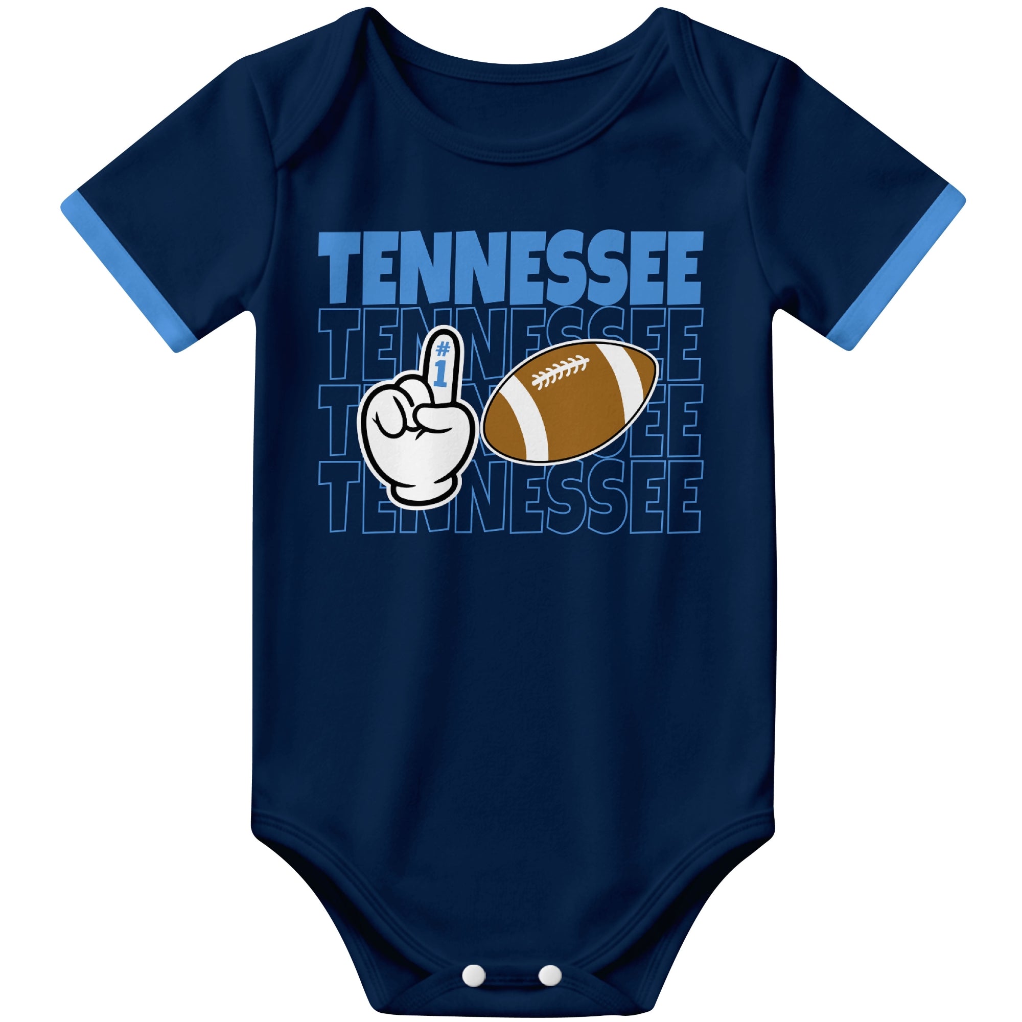 Tennessee Navy football baby bodysuit front view with city lettering football and number one fan hand graphic