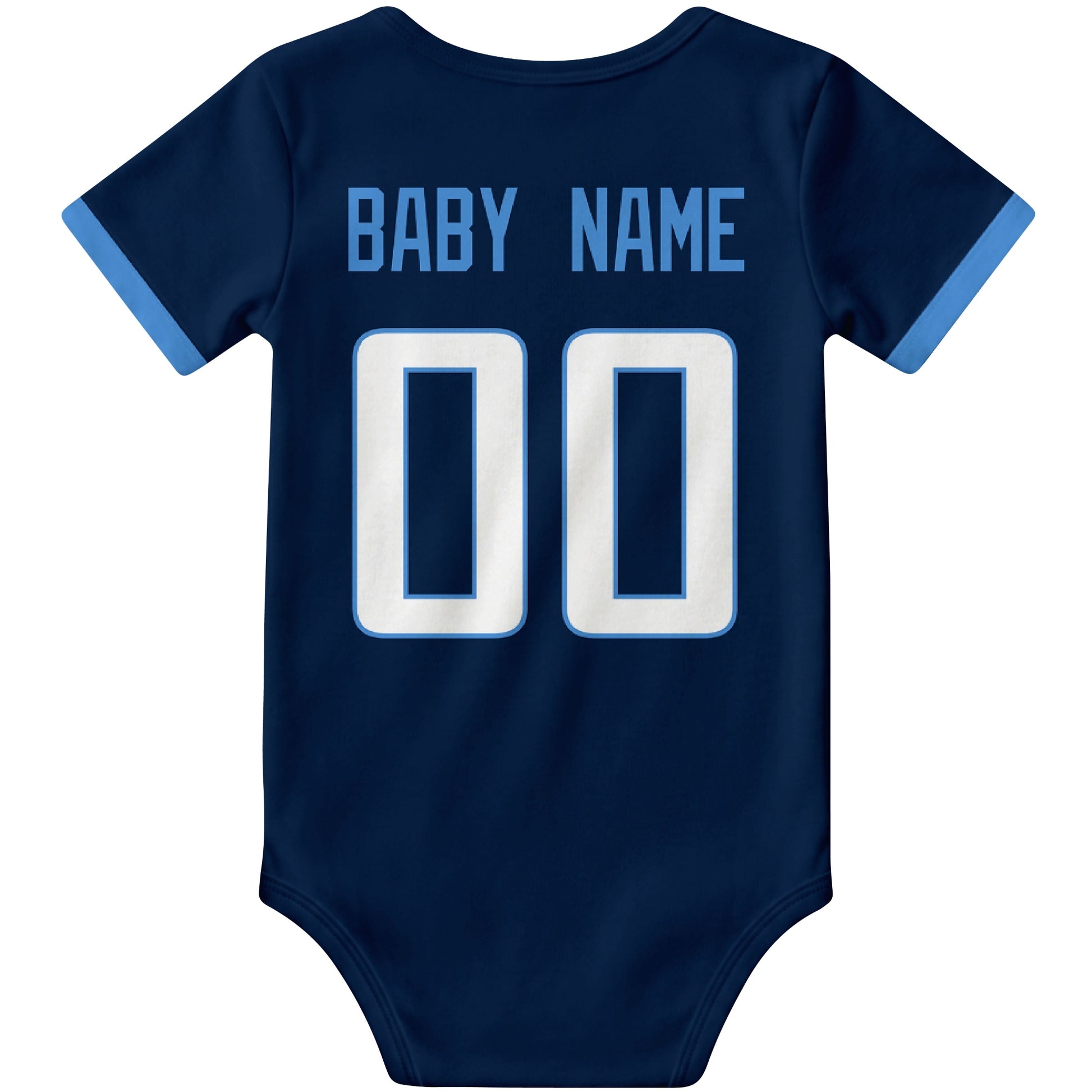 Tennessee Navy personalized football baby bodysuit back view with custom baby name and jersey number