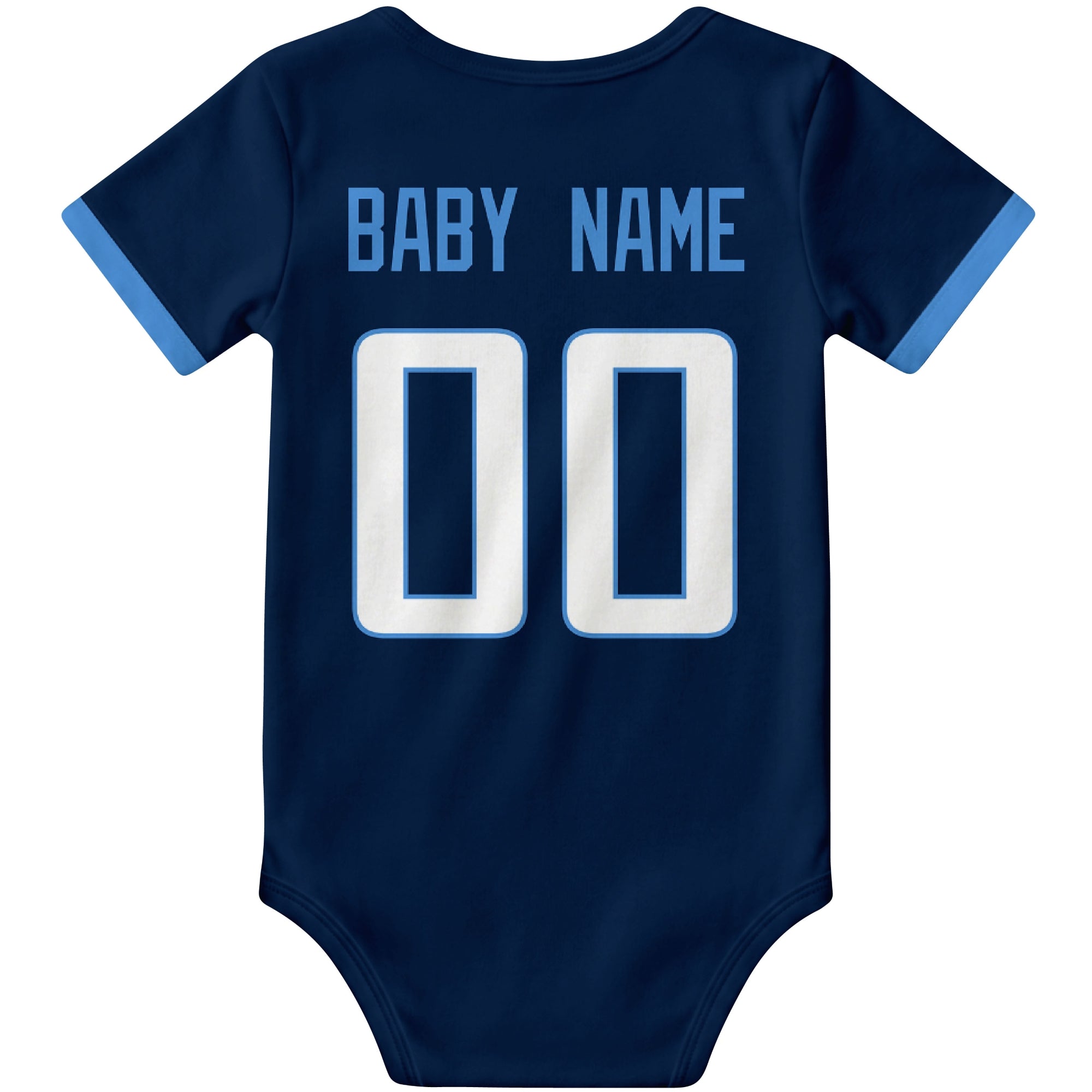 Tennessee Navy personalized football baby bodysuit back view with custom baby name and jersey number