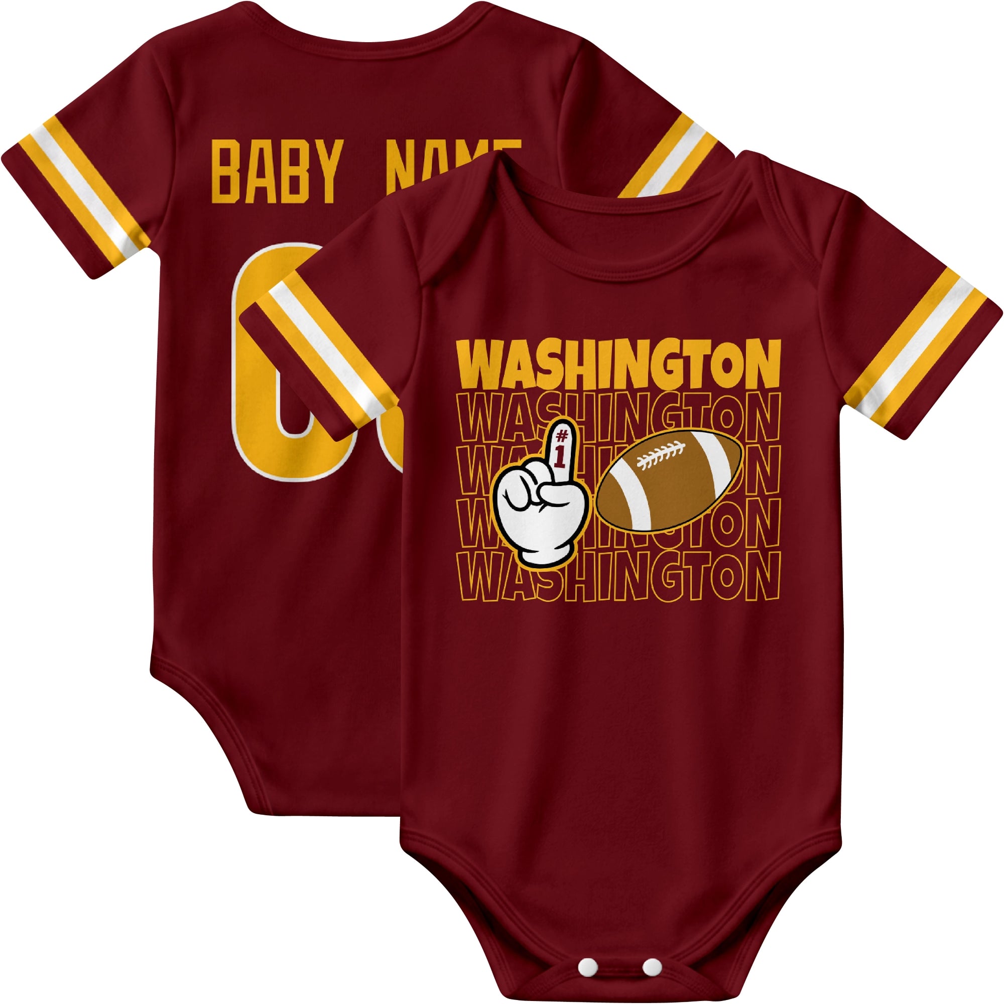 Washington personalized football baby bodysuit in Burgundy showing front number one fan design and back custom baby name and number