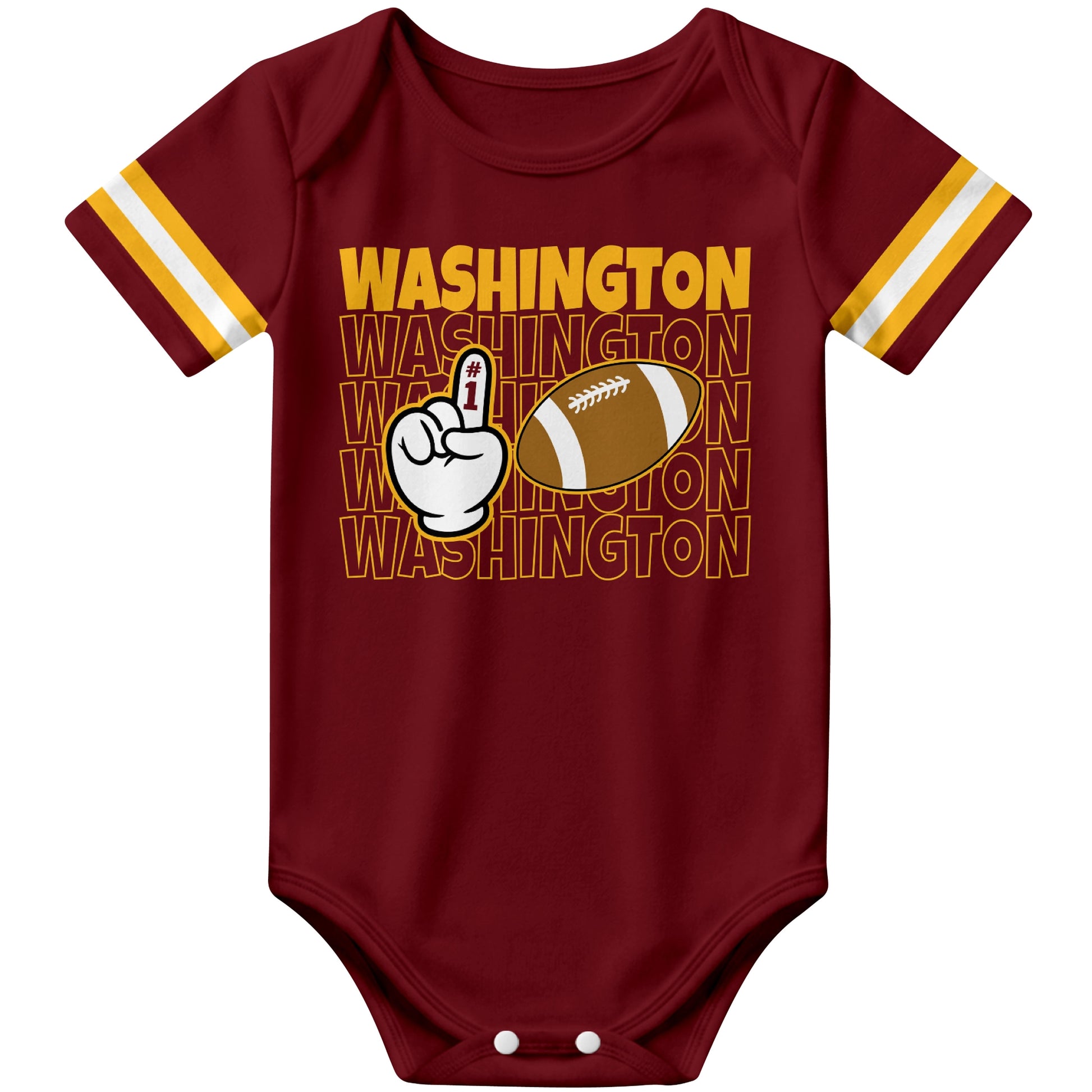 Washington Burgundy football baby bodysuit front view with city lettering football and number one fan hand graphic